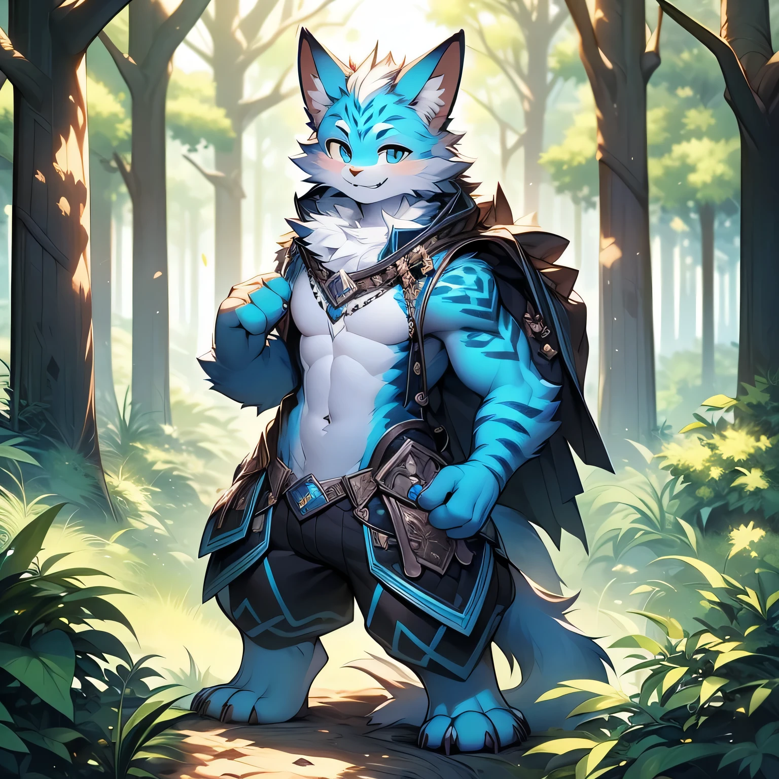 anthropomorphic cat，fluffy fur，Blue patterned fur embellished，Handsome，Males，Alone，masterpiece，super high quality，in the forest，Smiling with bared teeth，Energetic，rich in detail，standing，perfect，naked