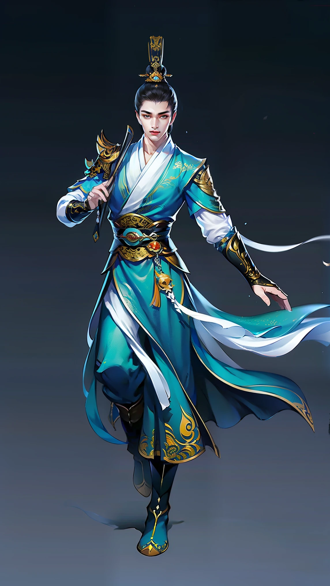 (masterpiece,super detailed,HD details,highly detailed art)1 person,Physically strong,domineering,whole body,boots,xianxia,blue,elegant,Highly detailed character designs from East Asia,Game character costume design,simple,ultra high resolution, sharp focus, epic work, masterpiece, (Very detailed CG unified 8k wallpaper),handsome face,sharp vision,HD details