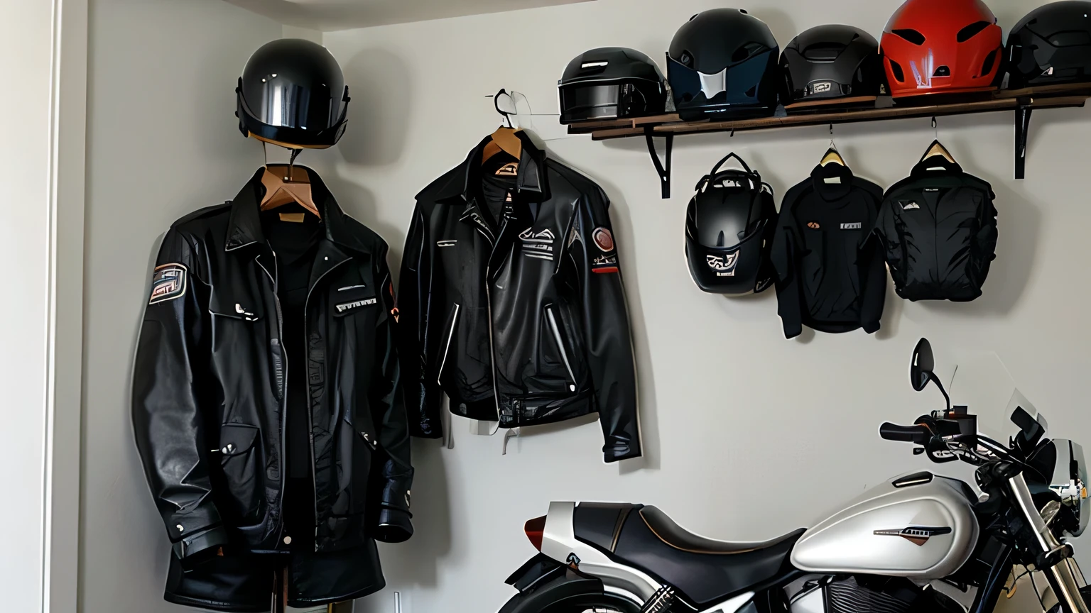 Indoor garage, motorcycle, helmet and jacket on the wall
