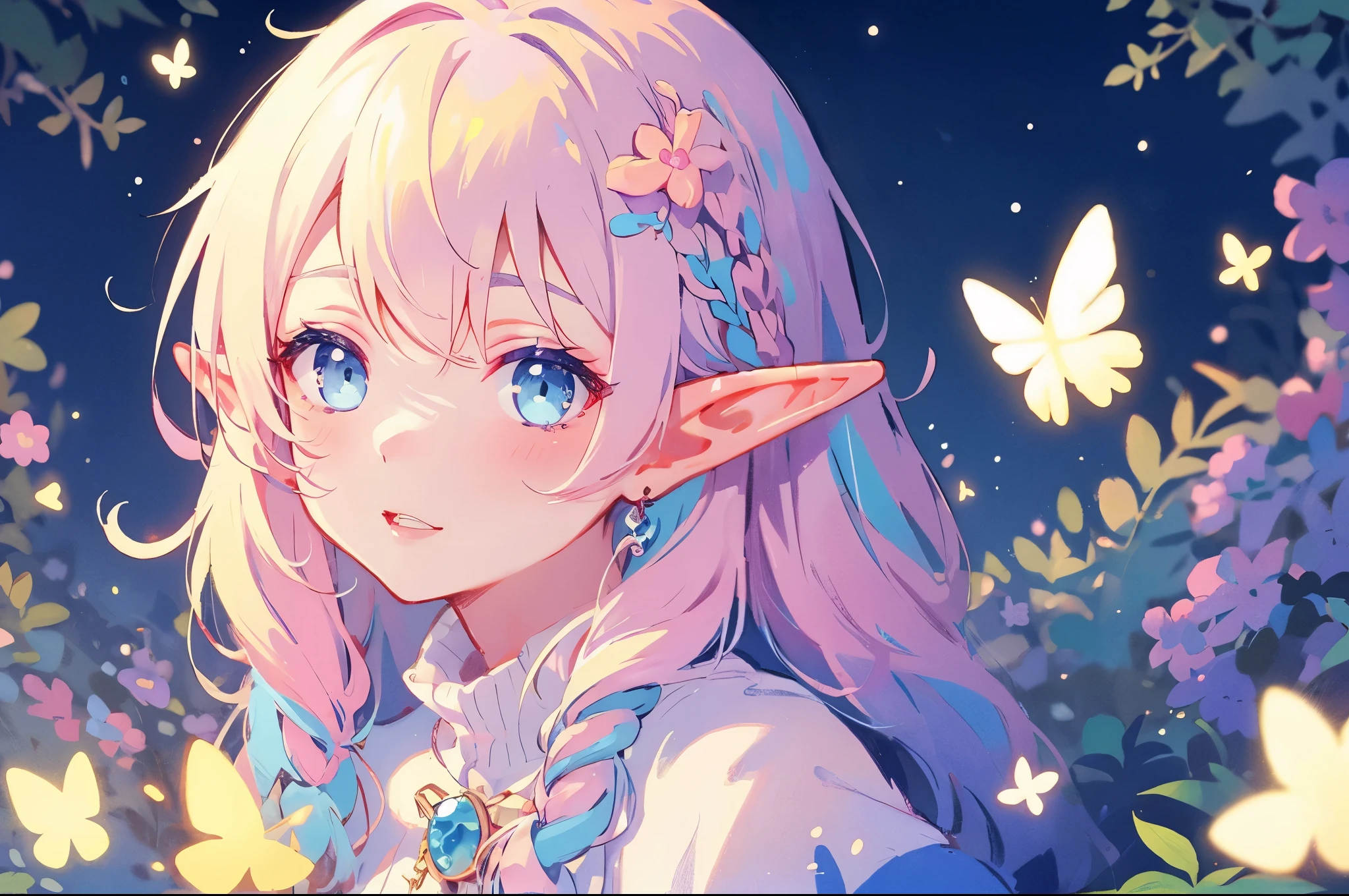 elf girl, bright colorful hair, magical, whimsical, fantasy, otherworldly, extremely detailed face, masterpiece, perfect illumination, (pastel colors)