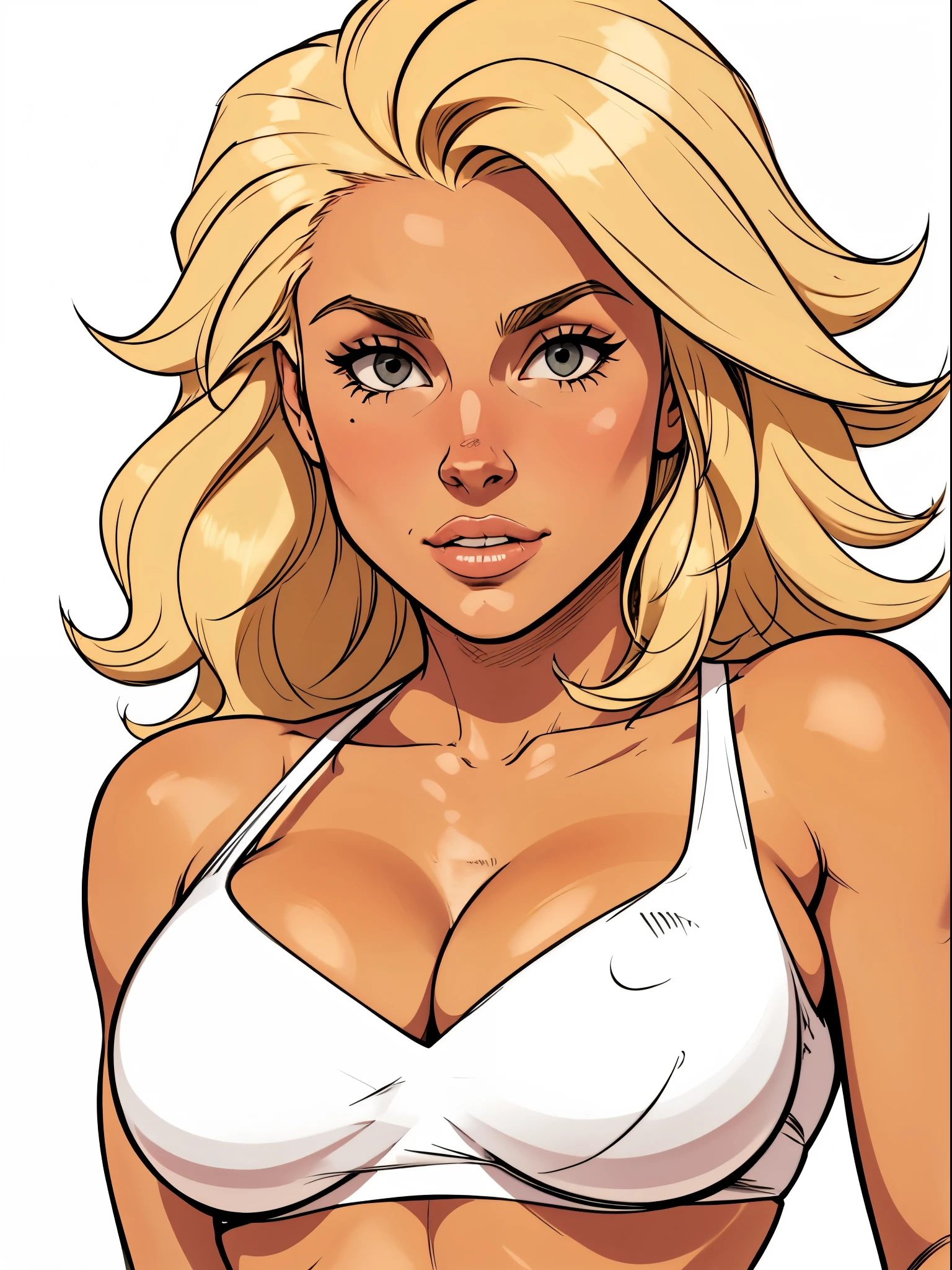 Flat colors, close up, portrait of a 25 year old surfer looking girl, tan skin, beach blonde salty hair, natural beaty, beautiful, casual, top-less, fake breasts, cleavage,
simply white background