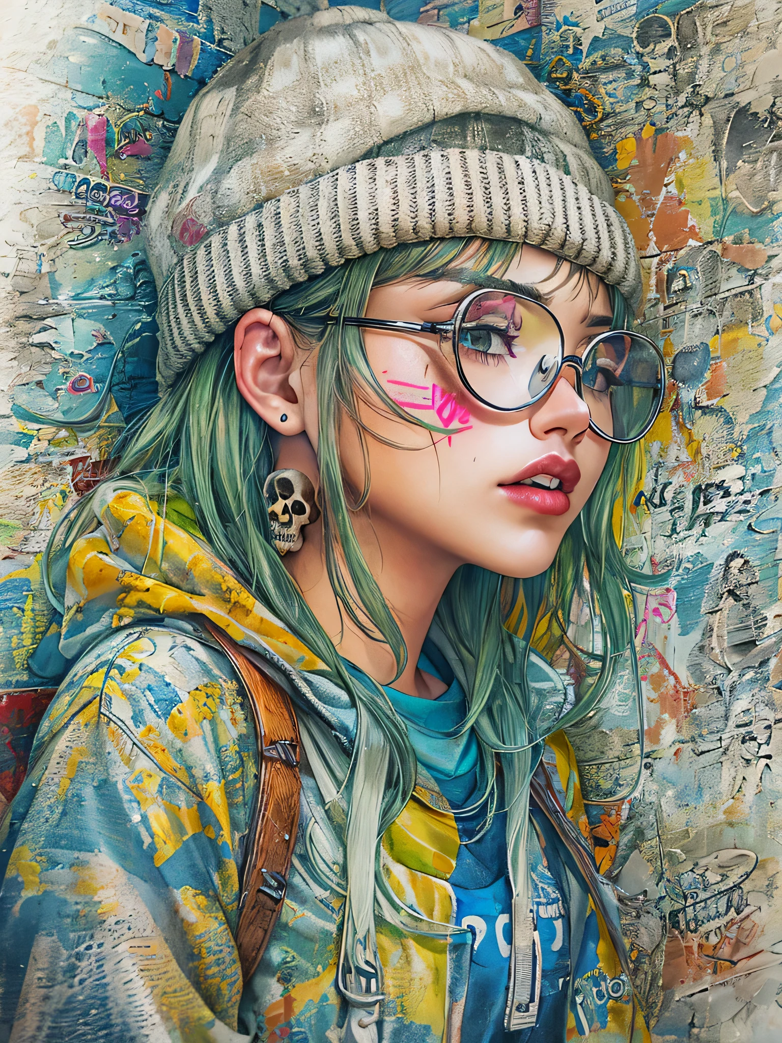 akira toriyama style、8K quality, watercolor painting, stylish design, (((The strongest beautiful girl of all time))), Idol、clear, stylish glasses, Fashionable hats, (((highest quality))), bob hair, lips in love, HDR, ((Detailed details)), (((skull fashion))), detailed clothing texture, (((graffiti art))), colorful hair, ((masterpiece))、((Super detailed))