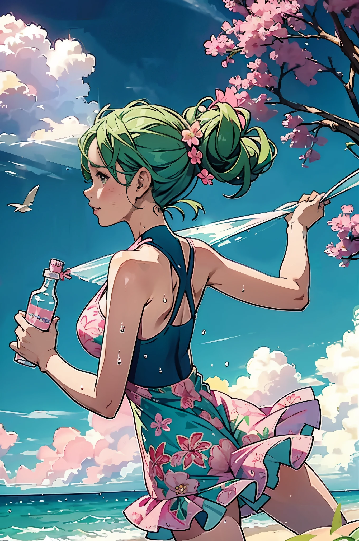 arafed woman with green hair and a pink dress holding a water bottle, wearing sundress, is wearing a swimsuit, wearing a pink dress, wet swimsuit, sundress, photo from the back, pink body, flattering photo, low quality photo, wearing pink floral chiton, cute girl wearing tank suit, wearing a low cut tanktop, wearing two - piece swimsuit