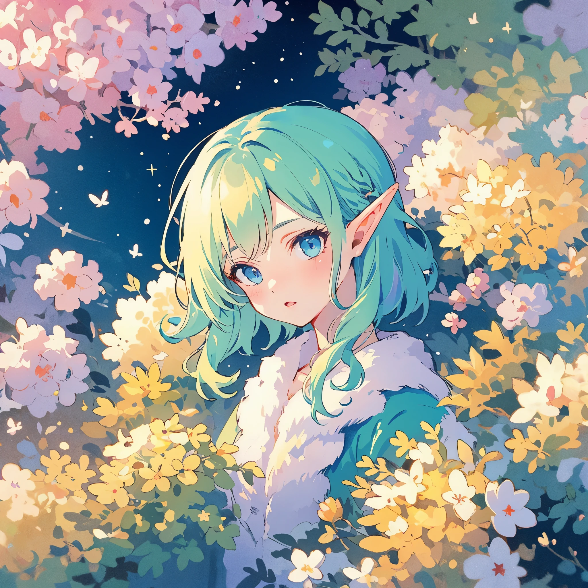 elf girl, bright colorful hair, magical, whimsical, fantasy, otherworldly, extremely detailed face, masterpiece, perfect illumination, (pastel colors)