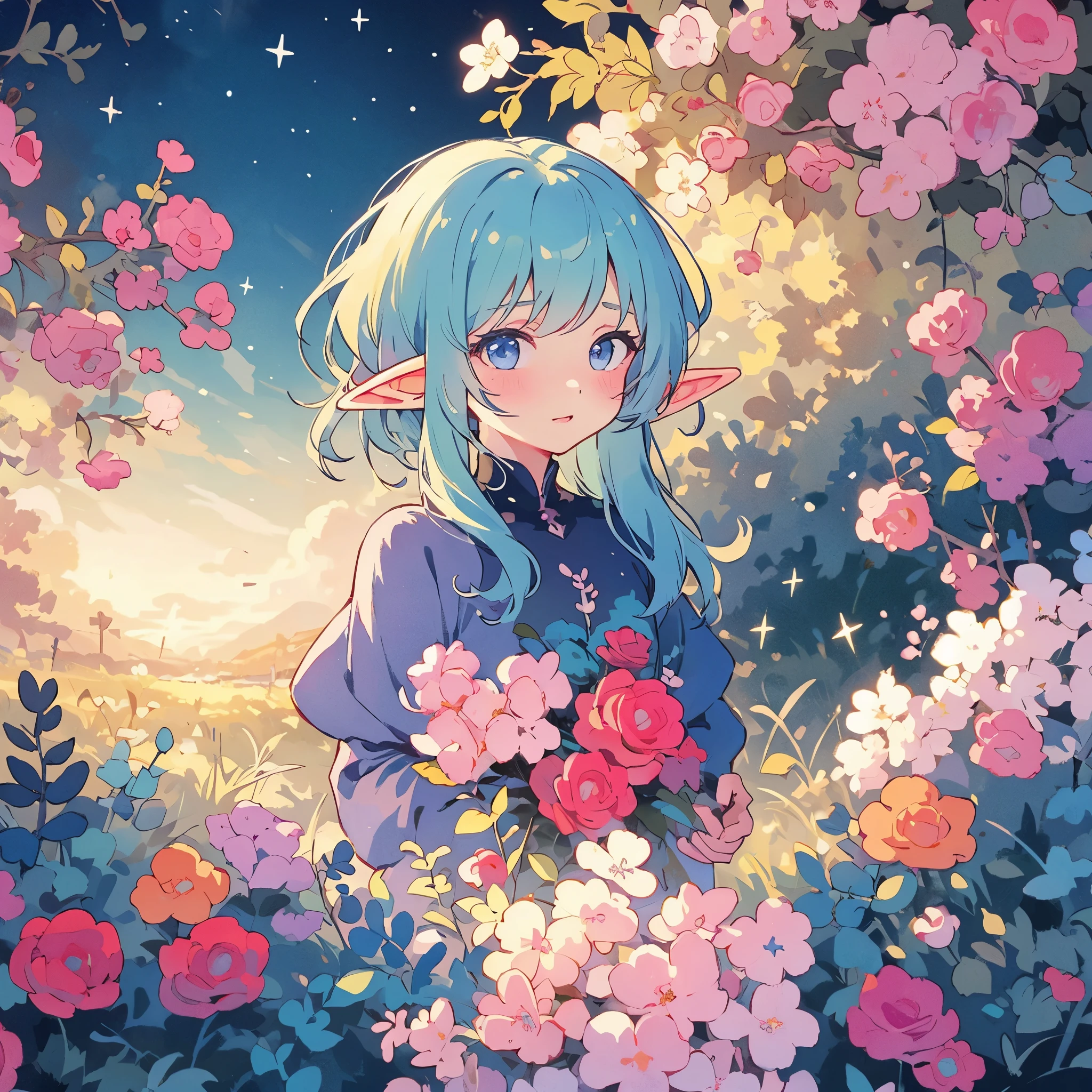 elf girl, bright colorful hair, magical, whimsical, fantasy, otherworldly, extremely detailed face, masterpiece, perfect illumination, (pastel colors)