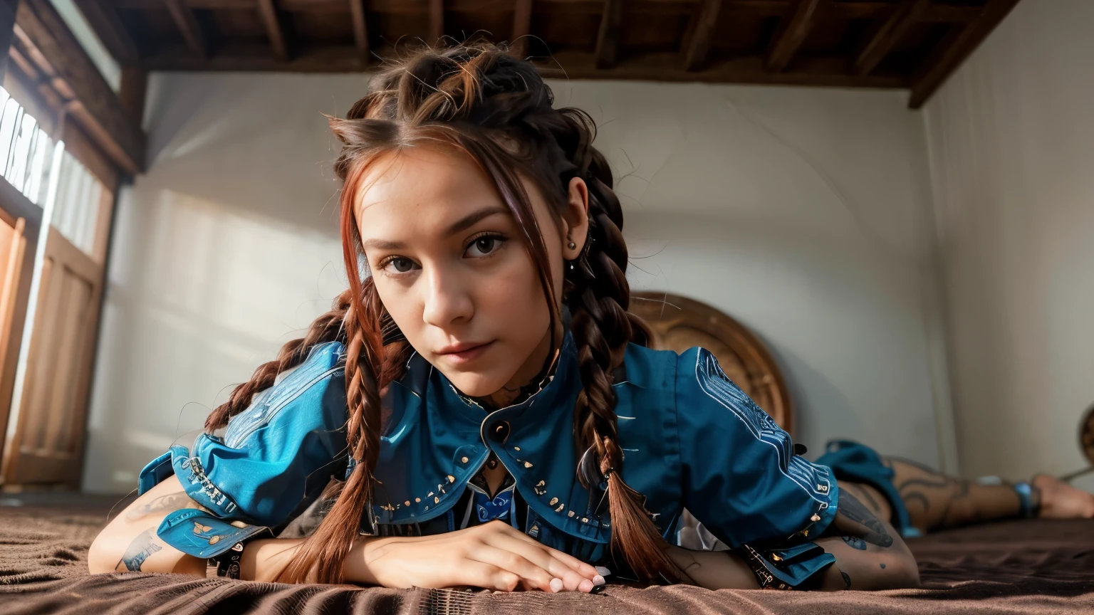 uma garota steampunk em um , (top branco:1.2), peito pequeno, couro preto e azul, tatuagem, hiper detalhado, Ultra sharp, long red hair in braids, 8k, (incrivelmente detalhado:1.5), Fotografia. position: lying face down, with feet on display