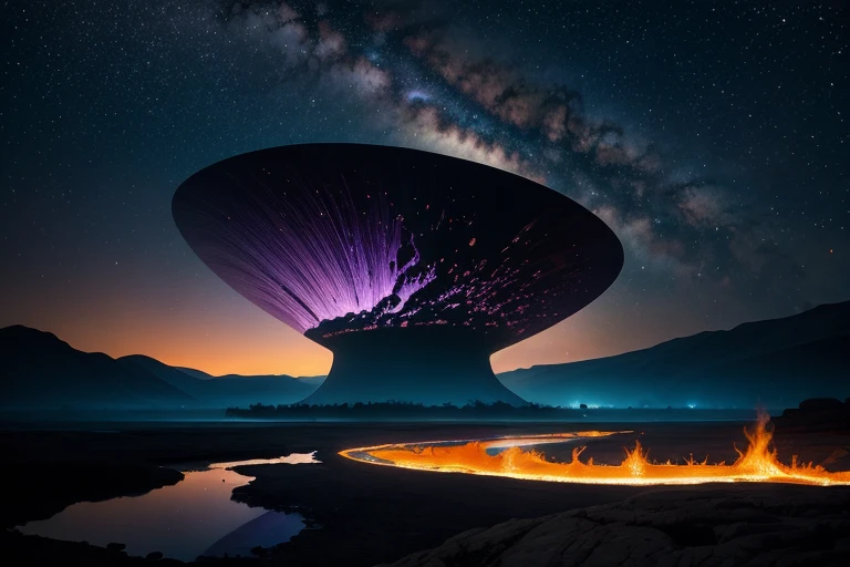 Imagine a vast, otherworldly landscape stretching as far as the eye can see. Strange, jagged rock formations jut out from the ground, their surfaces shimmering with iridescent hues of purple and green. In the distance, a trio of moons loom large in the sky, casting an eerie, multi-colored glow over the alien terrain. Unusual flora, glowing softly, dot the landscape, their twisted shapes defying earthly logic. A river of molten lava cuts through the rocky expanse, its fiery glow contrasting against the dark, alien sky filled with swirling nebulae and distant stars. This is a world untouched by human hands, a truly alien landscape waiting to be explored