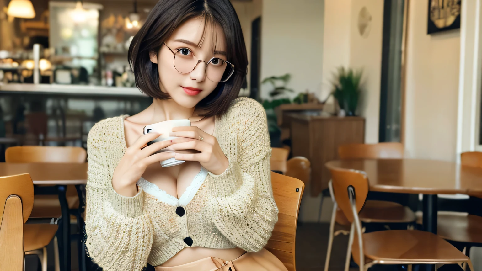 (realisitic、hight resolution:1.3)、1 girl with a perfect figure、korean girl, Super thin face and eyes、beautiful face, messy short hair、knitted clothes:1 in random color.2、Short skirt、glasses, sitting in a cafe、coffee on table 、holding a coffee, cleavage, (medium breast:1.2), plumpy body, photography, photo full body