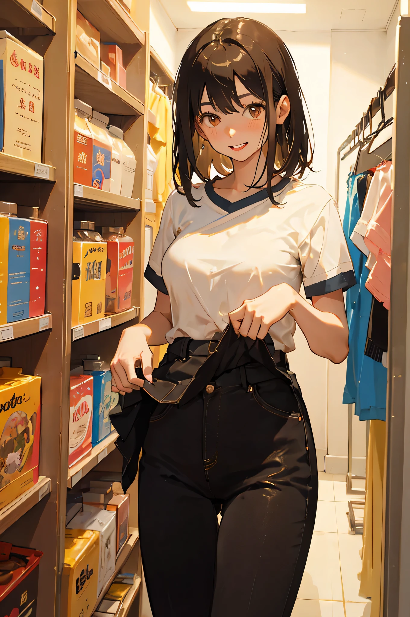 masterpiece, best quality, (Attractive woman), 28 years old, medium length hair, straight hair, bangs, model, large breasts, brown eyes, happy, (pubic hair) , (shirt lift:1.2), fitting room
