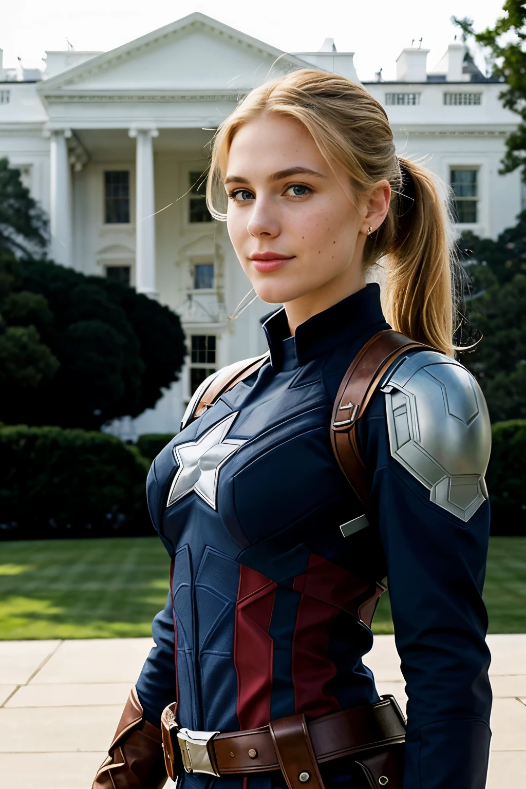 ((highest quality)), ((masterpiece)), (be familiar with), （captain America）、perfect face、8K、Precise、white woman、American nationality、blonde、blue eyes、double、freckles、captain Americaの盾、captain Americaのデザイン、steel protective armor、ponytail、archaic smile、special effectsヒーロー、Glamorous、cinematic, (Complex:1.4), low contrast、A suit that emphasizes large breasts、side lighting,  best shadow, special effects, White House in the background