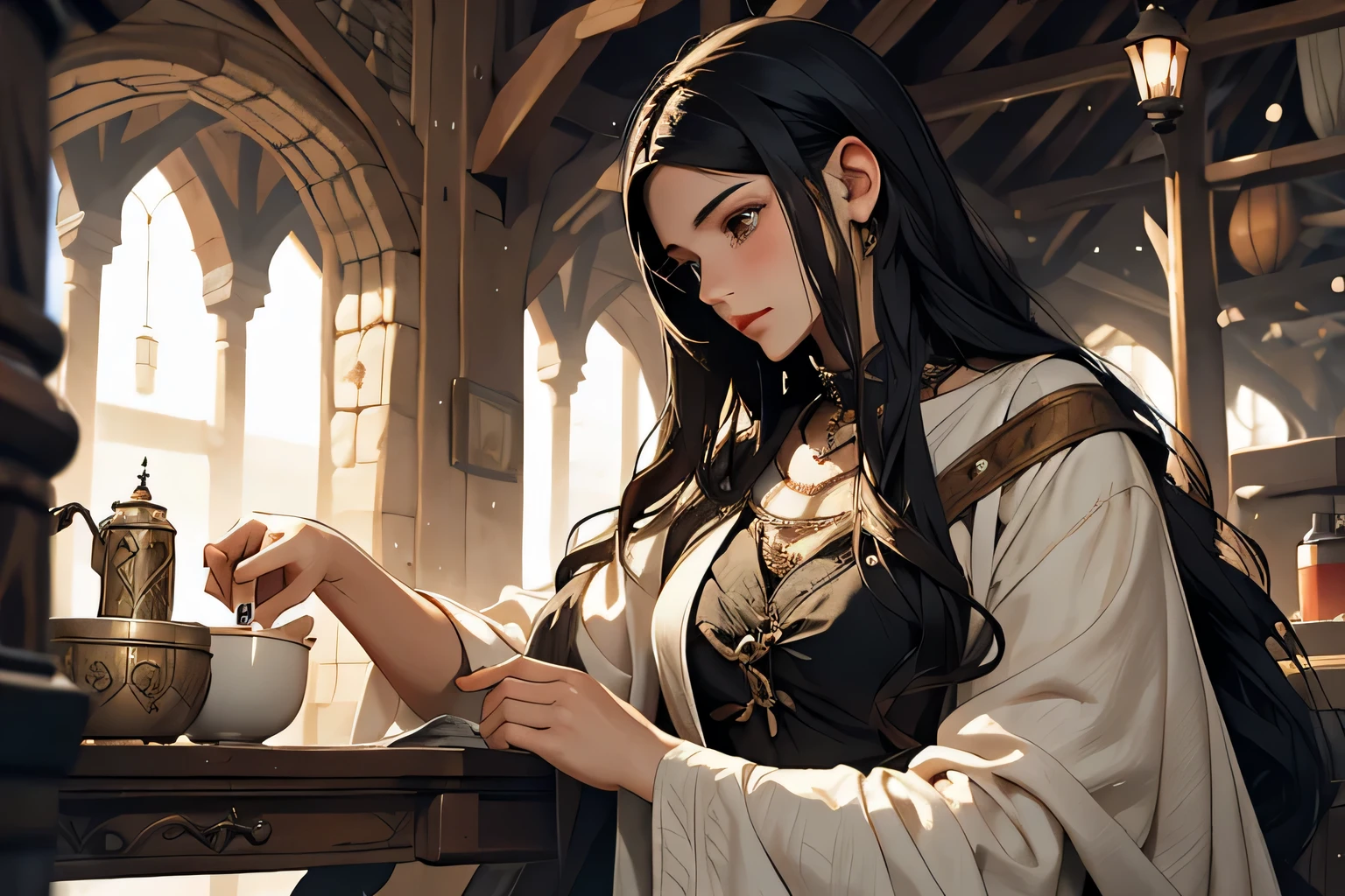 a girl with long black hair is taking care of her sick grandfather, medieval setting