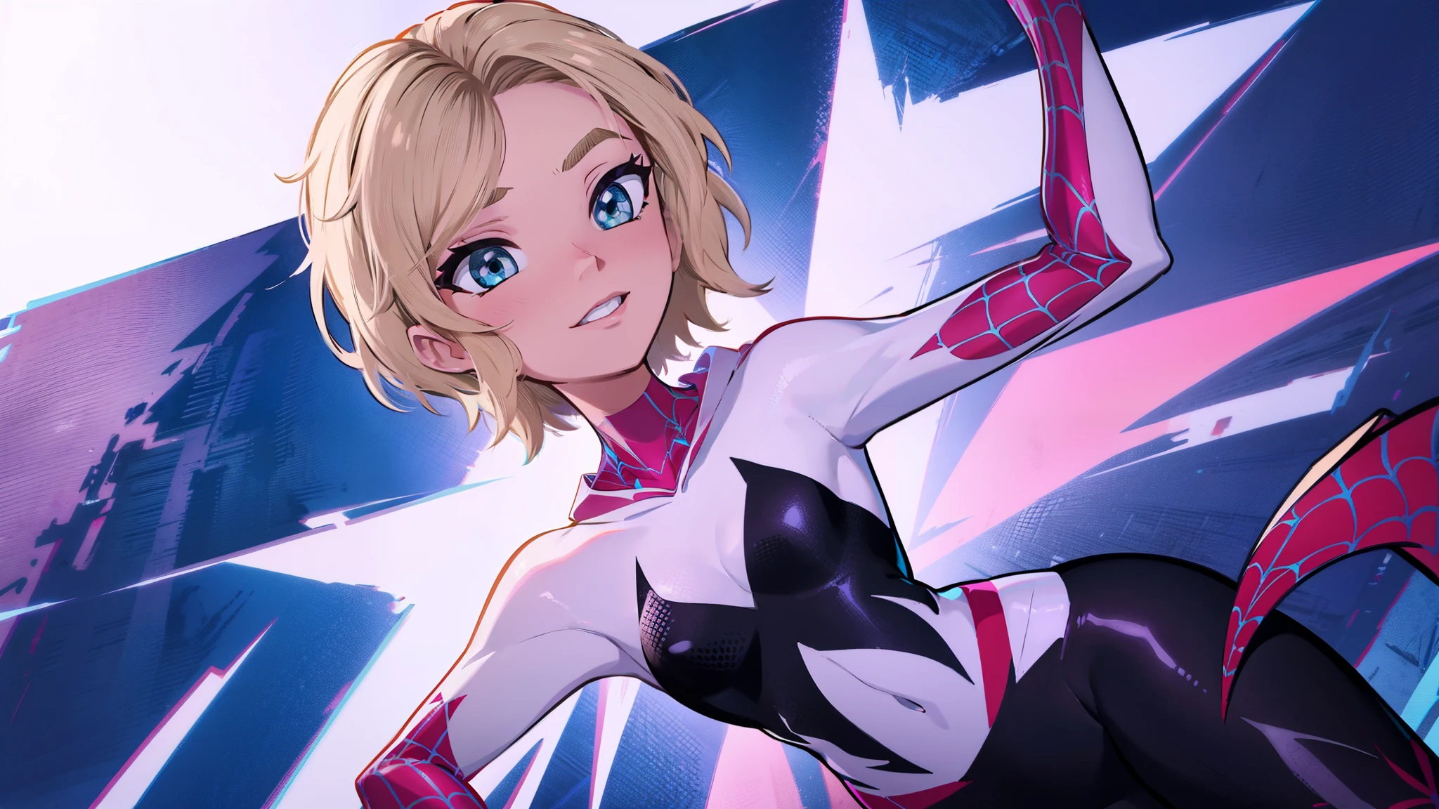 spider gwen in her full body costume with hand drawn lines, background fortnite, fortnite game