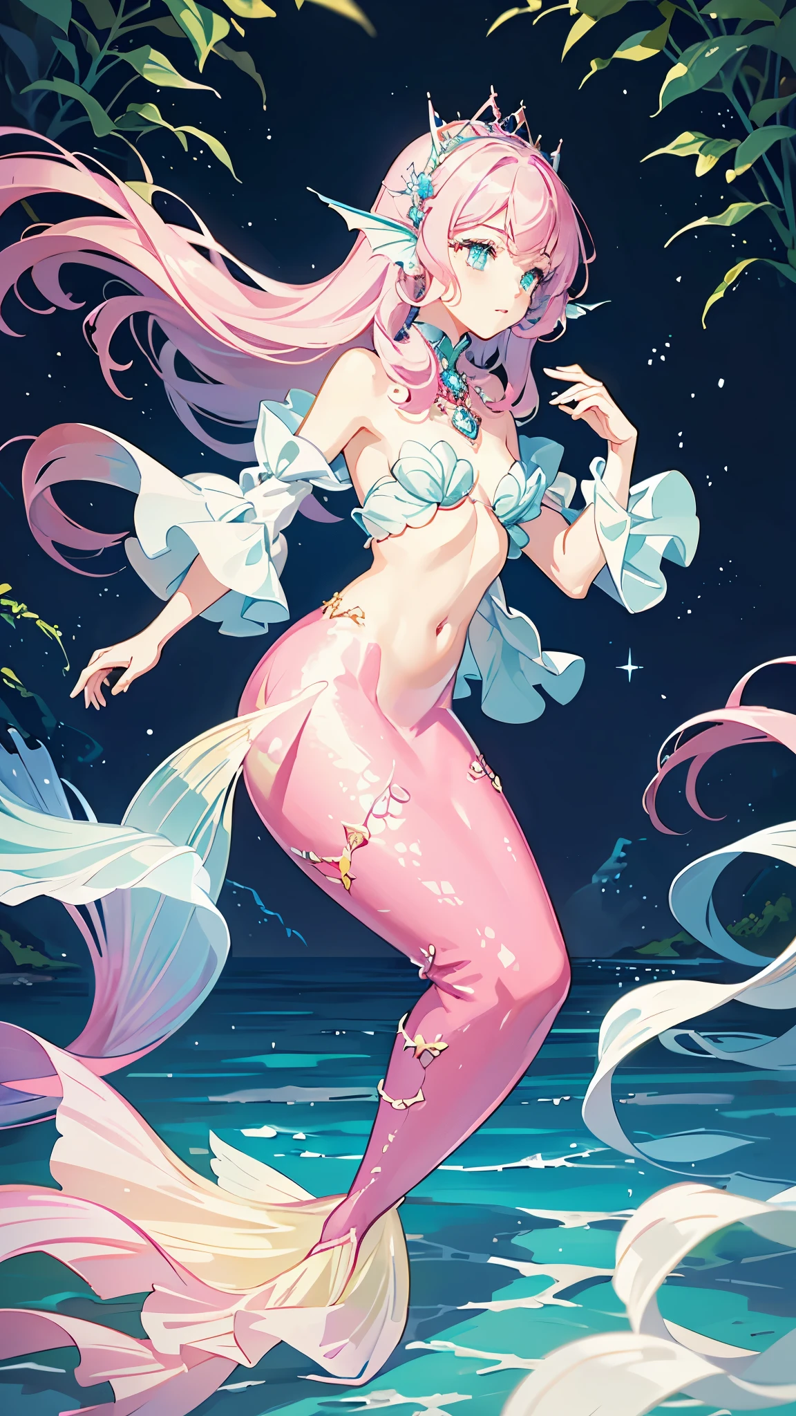 Illuminated by the mysterious light of the deep sea, A light blue mermaid with bright pink hair and sparkling eyes., An undersea kingdom full of colorful corals and seaweeds, The mermaid's hair is long and waves naturally as it is swayed by the ocean currents., The tail fin shines like a jewel with a bright pink gradation., Swim gracefully in the sea and see all sorts of things around you.々Small fish of different colors dance, A fantastic underwater castle is faintly visible in the background., The mermaid's expression is calm, and her beautiful light blue eyes express a dream-like admiration as she gazes at a distant scene.