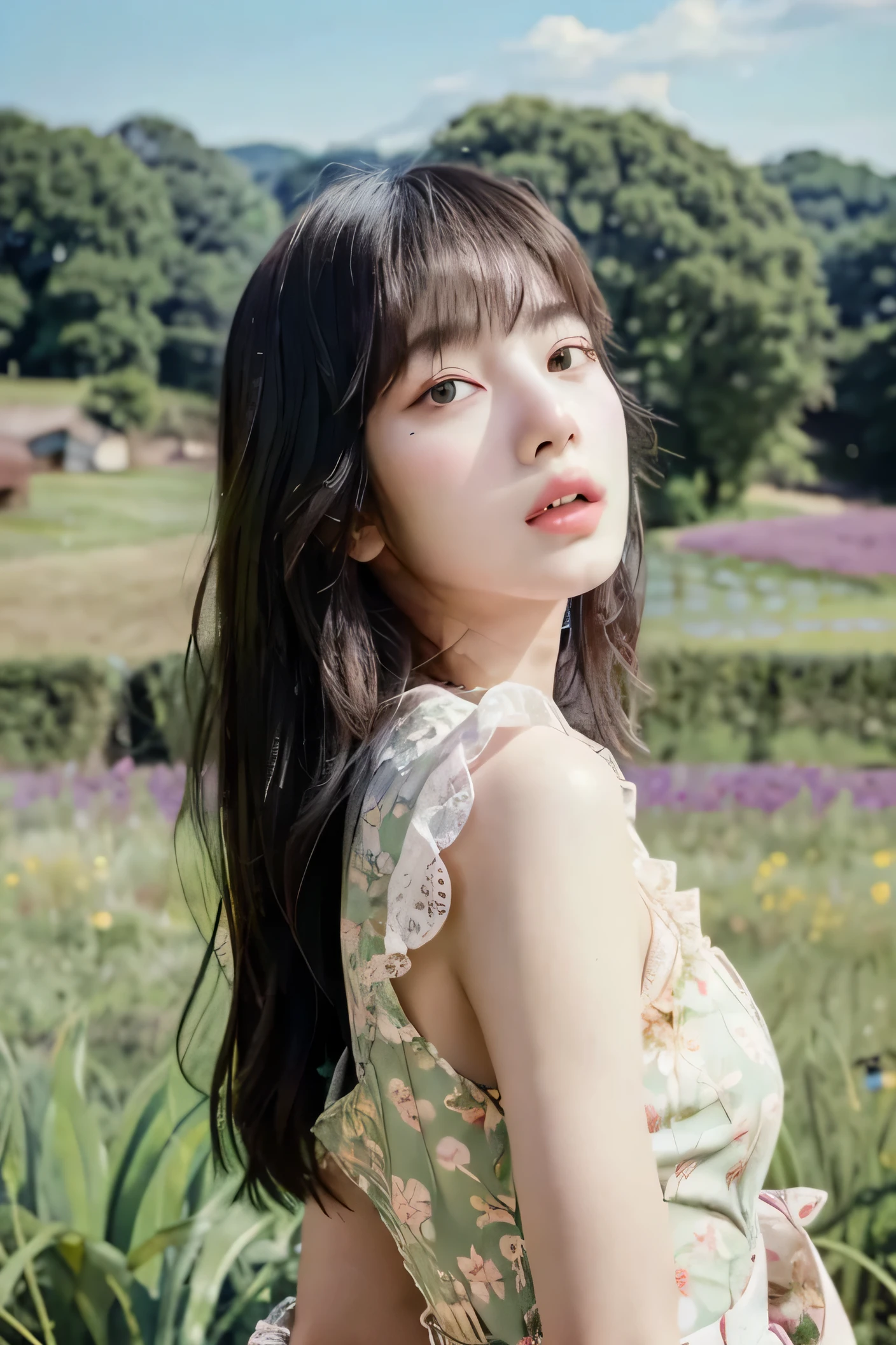 Elegantism,colored, A standing,full form, Lisa blackpink member  facing the viewer in an antique dress with torn lace trim stands in a fallow field, behind are wildflowers by Heade and fields and wheat swaying gently under a clear sky. She has long tumbling loose hair adding depth to her profile. The photo captures her facing the viewer as she gazes thoughtfully facing forward.face by Auguste Toulmouche, Her expression is serene yet contemplative, embodying timeless beauty,greebles::3 --ar 45:64 --s 999 --c 33 --v 6.0