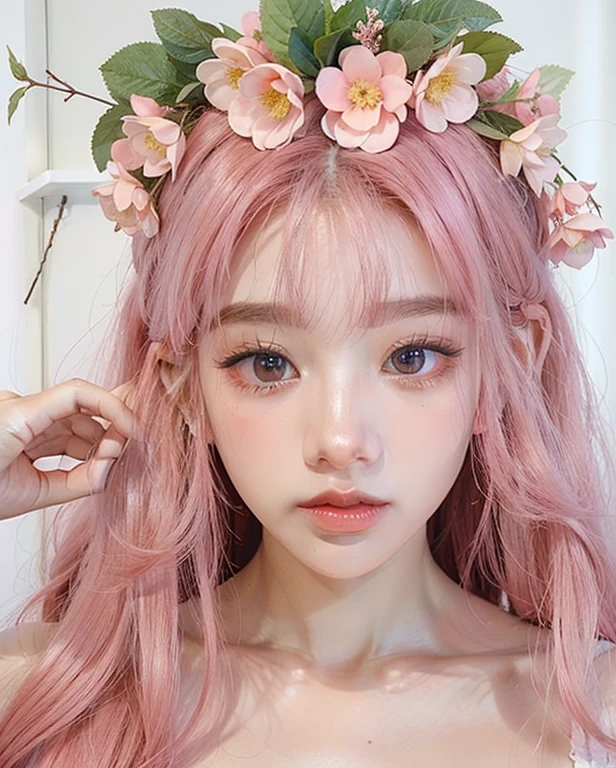a close up of a woman con cabello rosado and a flower crown, bella delfina, pelo liso rosa, hada, retrato realista kawaii, tono de piel rosa pastel, maquillaje popular de corea del sur, long cabello rosado que fluye, cabello rosado y ralo, maquillaje coreano popular, cabello rosado que fluye, linda cara de anime natural, linda chica con pelo corto rosa, con cabello rosado, inspirado en anime, cara detallada.