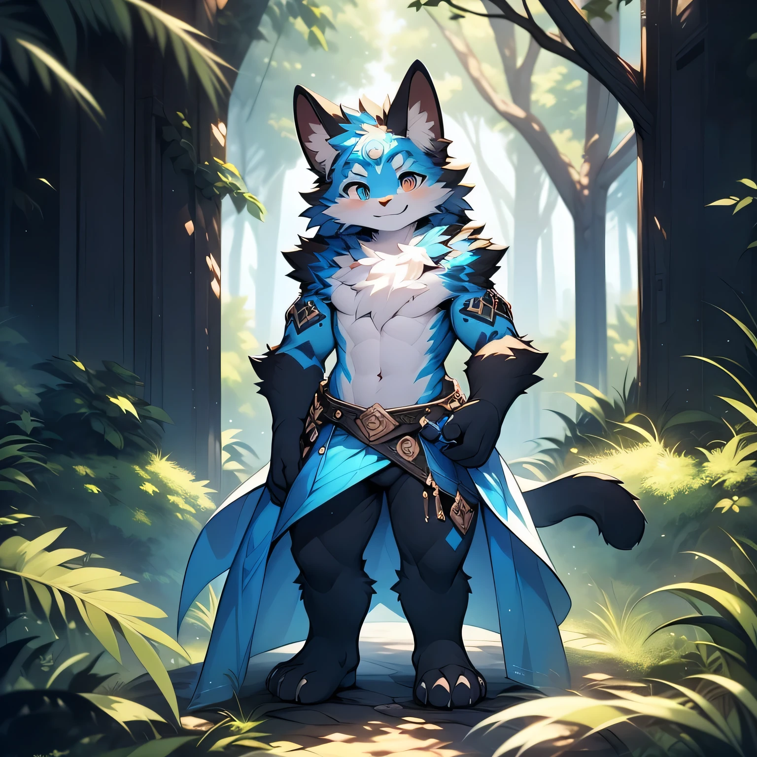 anthropomorphic cat,fluffy fur,Blue patterned fur embellished,Handsome,Males,Alone,masterpiece,super high quality,in the forest,Smiling with bared teeth,Energetic,rich in detail,standing,perfect,Whole body naked