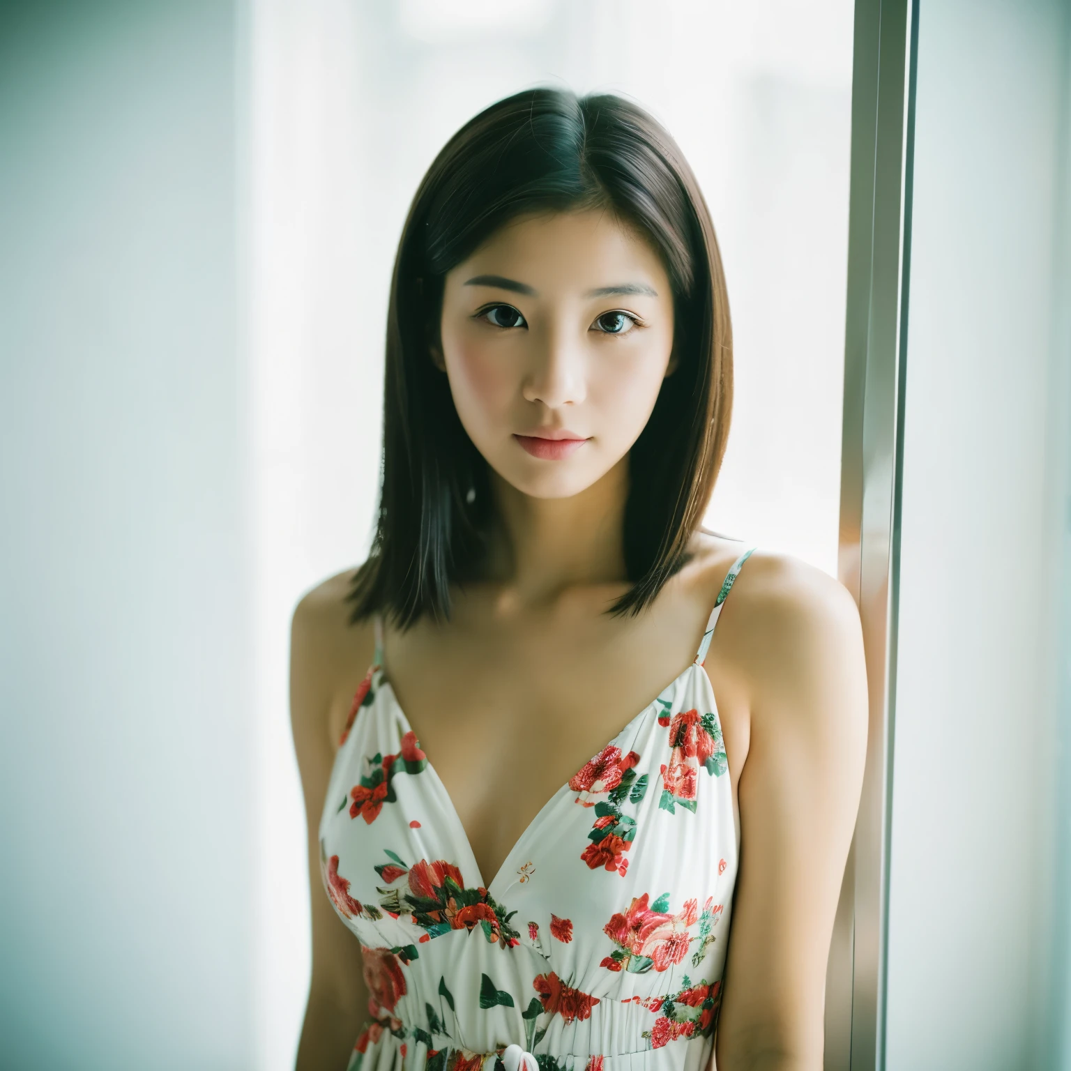 Best quality, 1 beautiful woman, wearing floral onepiece, 35mm lens, f/ 1. 8, looking at viewer, white background