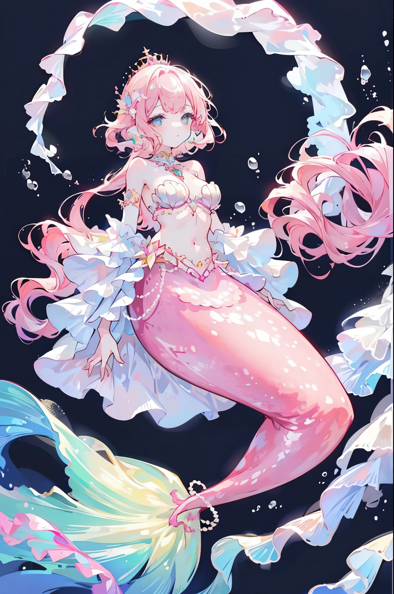 4K,A high resolution,A woman is,golden pink hair,mermaids,White gold scales,Colossal ,little mermaids,Shell bra,Princess Crown,Pearl decoration,jewely,ocean floor background,Under water