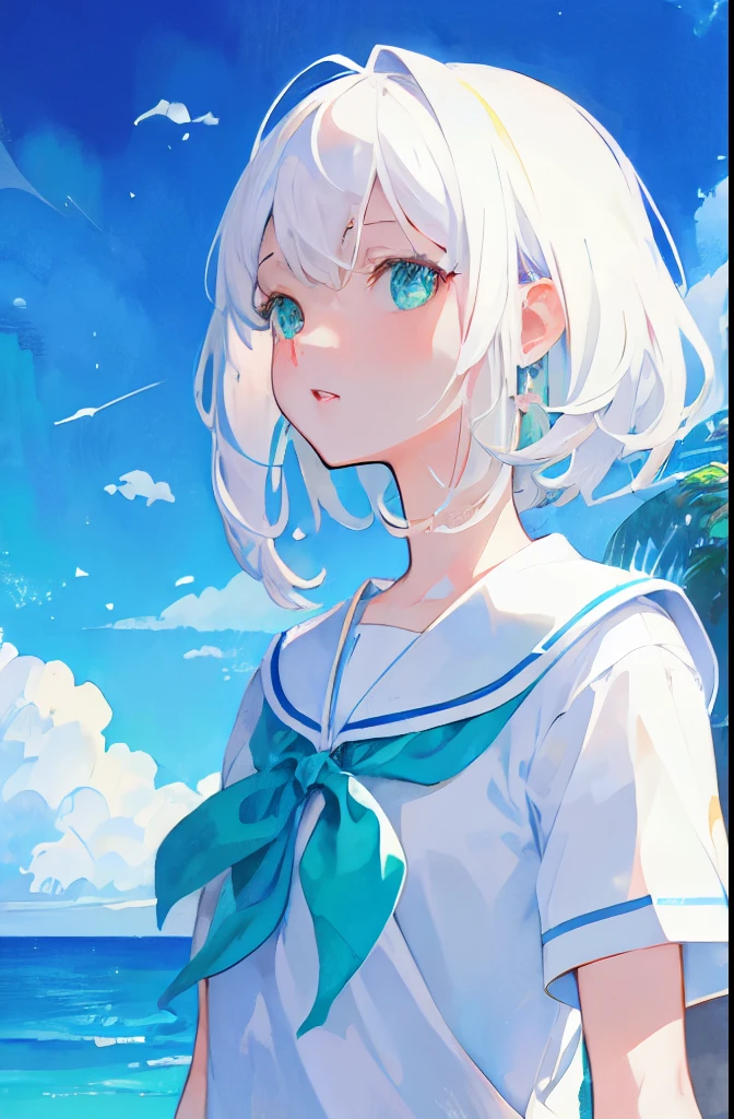 masterpiece, highest quality, figure, watercolor, flat color, blue sky, 1 girl, close, straight, looking at the viewer, Detailed medium white hair, green eyes, serafuku, parted lips