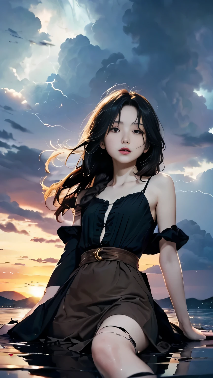 (((Masterpiece))),((top quality)),one beautiful girl,Pale, (A character that personifies Arashi.: 1.5), (((My long hair gets tousled in the storm:1.5)))、((Expressing strong wind:1.5)))、(belly button)、(The hem of the long brown dress is violently turned up by the wind.:1.5),(plain clothes), (skin revealing),(The background is dark black clouds 1.5).(((from the front:1.5)))、(straight front: 1.5)、((lie down:1.5)))、