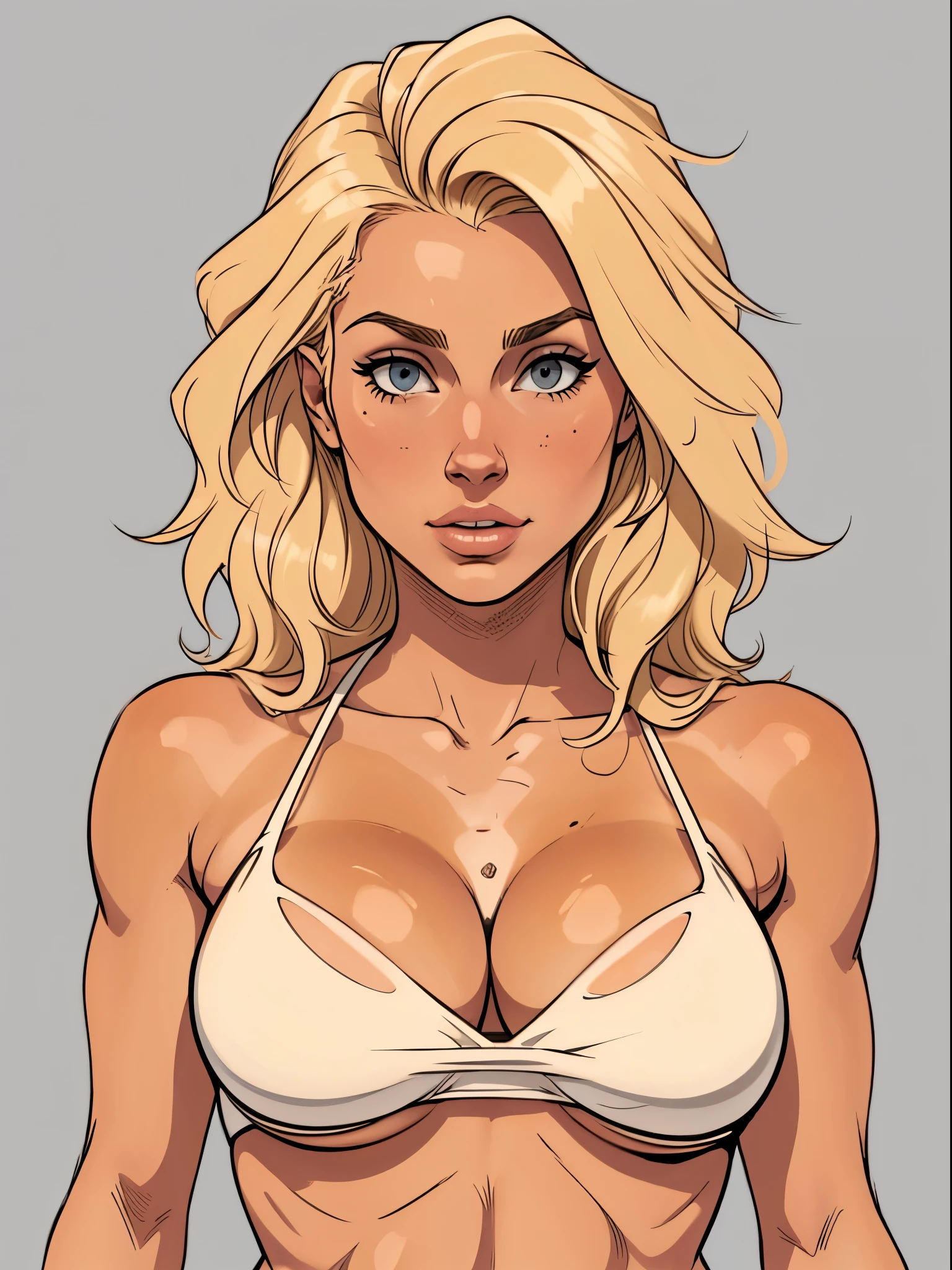 Flat colors, close up, portrait of a 25 year old surfer looking girl, tan skin, beach blonde salty hair, top-less, fake breasts, breast exposed, cleavage, ((simple grey background))