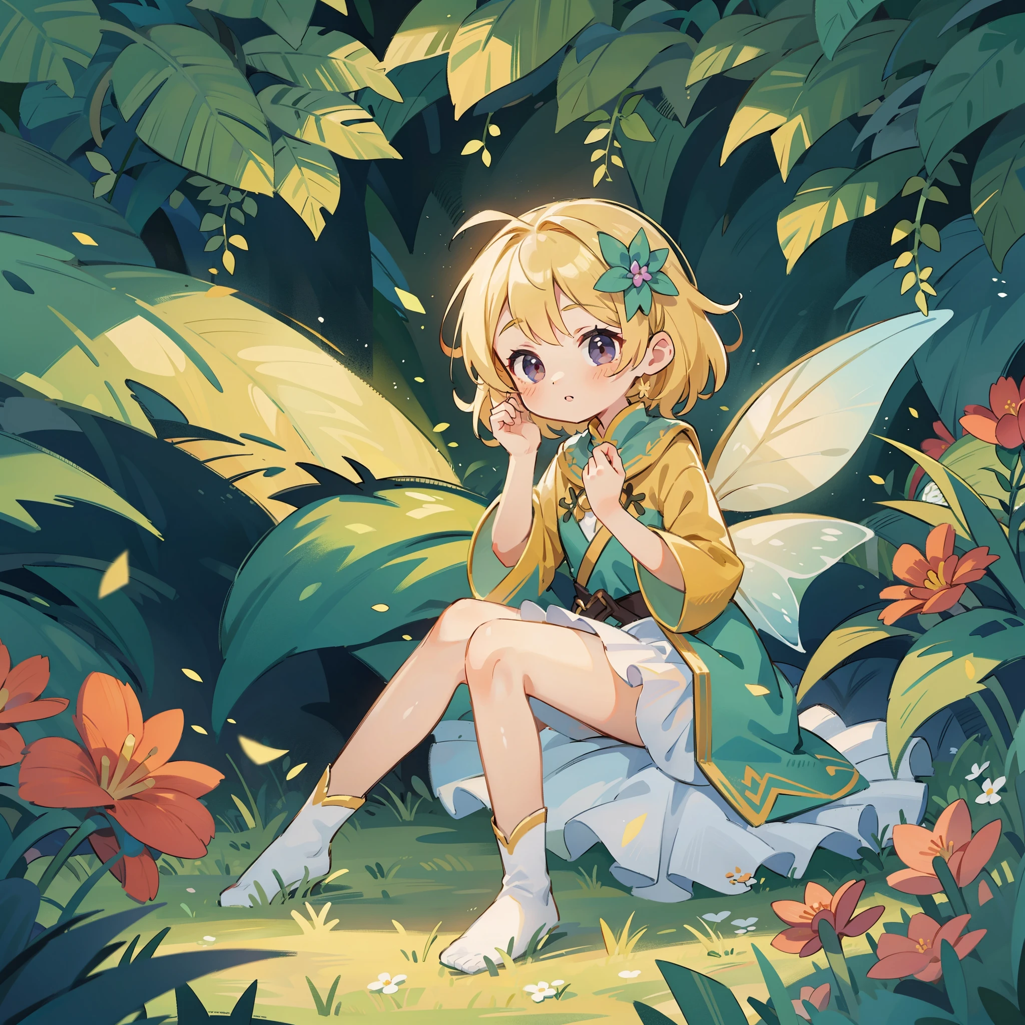 Flower fairy, ((female youth)), a (girl) fairy sitting inside a (flower bud), cute, golden hair, masterpiece, transparent wings, dew on leaves, fantasy clothing