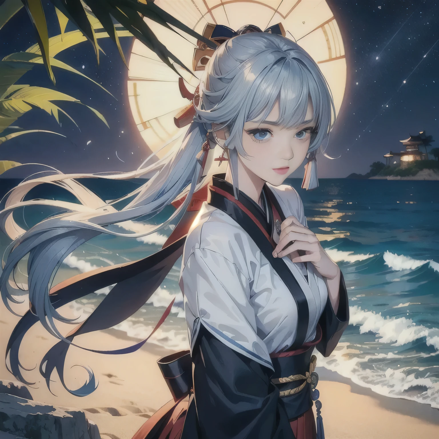 ((Kamisato Ayaka in Genshin Impact)),high angle,from above,(1girl),solo,(Kamisato Ayaka in Genshin Impact), cleavage,full costume,katana,kabuto,kimono,ribbon,((masterpiece, highest resolution,best quality)), (beautiful illustration),(semi long beautiful silver blue hair),(beautiful blue eyes),(lying in the sea),
windy,cinematic lighting, beach, sand, night sky, waves, coconut tree,