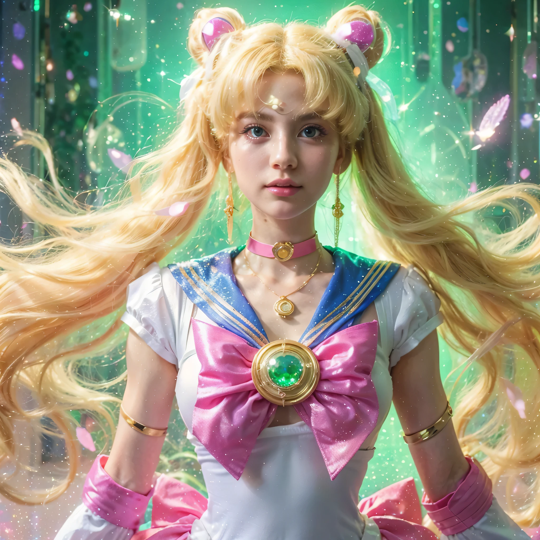 usagi transforming into sailor moon, adapted to live action, transformation scene, hyperrealistic, luminous palette, shimmering background, full body shot, delicate features, highly detailed, blonde long hair, sparkling, pink and green, photo --ar 3:4