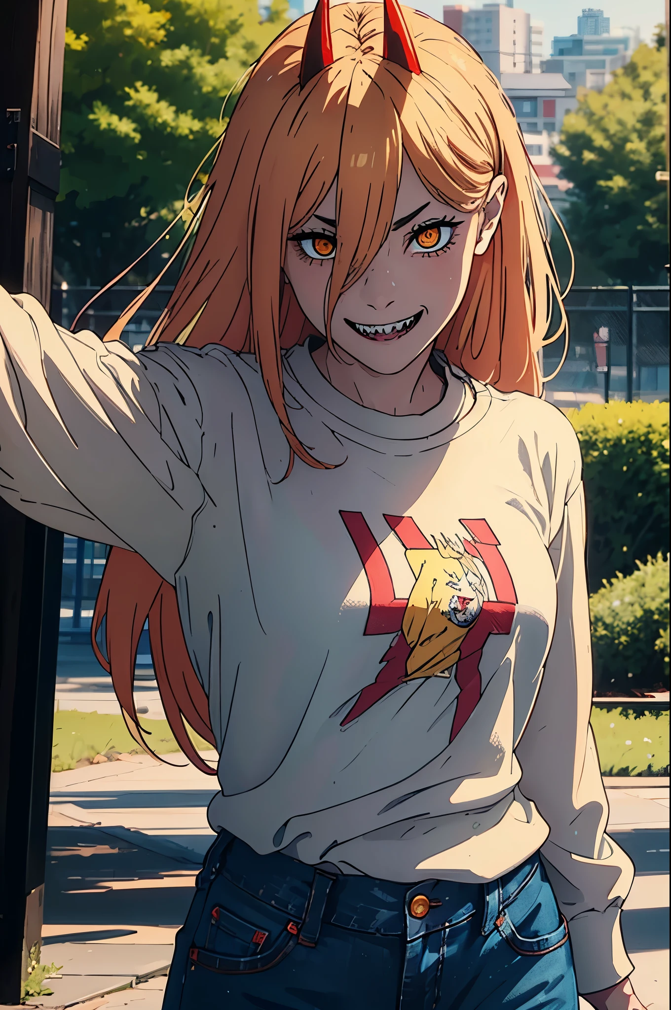 power from chainsawman, yellow vivid eyes, with her iconic two red horns on top her head, fangs, sharp teeth, wearing demin jeans, white sweatshirt, outdoor, park setting, sunny, light rays, standing, selfie, cute, smiling