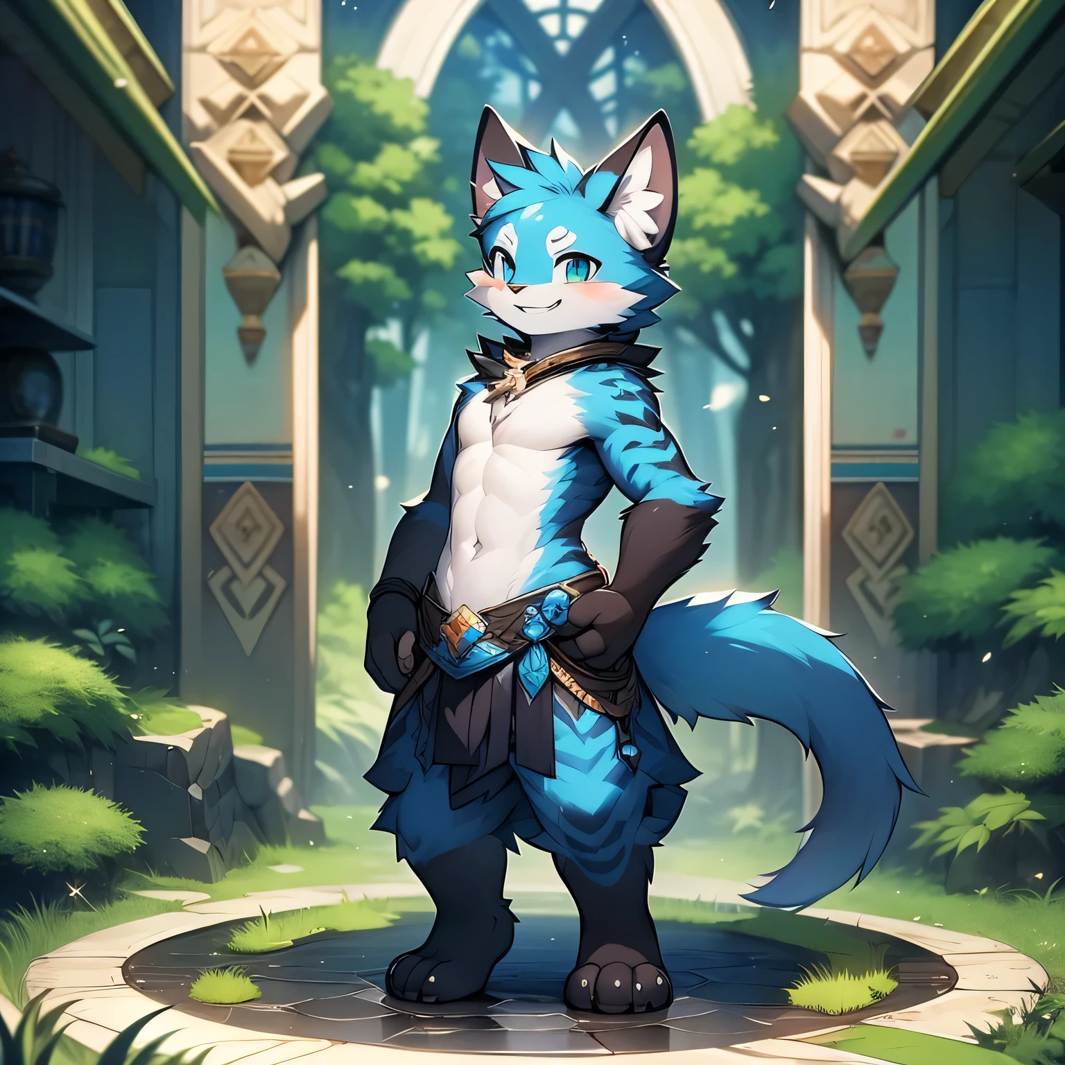 anthropomorphic cat,fluffy fur,Blue patterned fur embellished,Handsome,Males,Alone,masterpiece,super high quality,in the forest,Smiling with bared teeth,Energetic,rich in detail,standing,perfect,Whole body naked