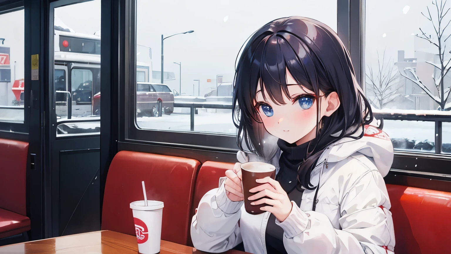 fast food restaurant、winter、It&#39;s snowing、Woman drinking cocoa by the window