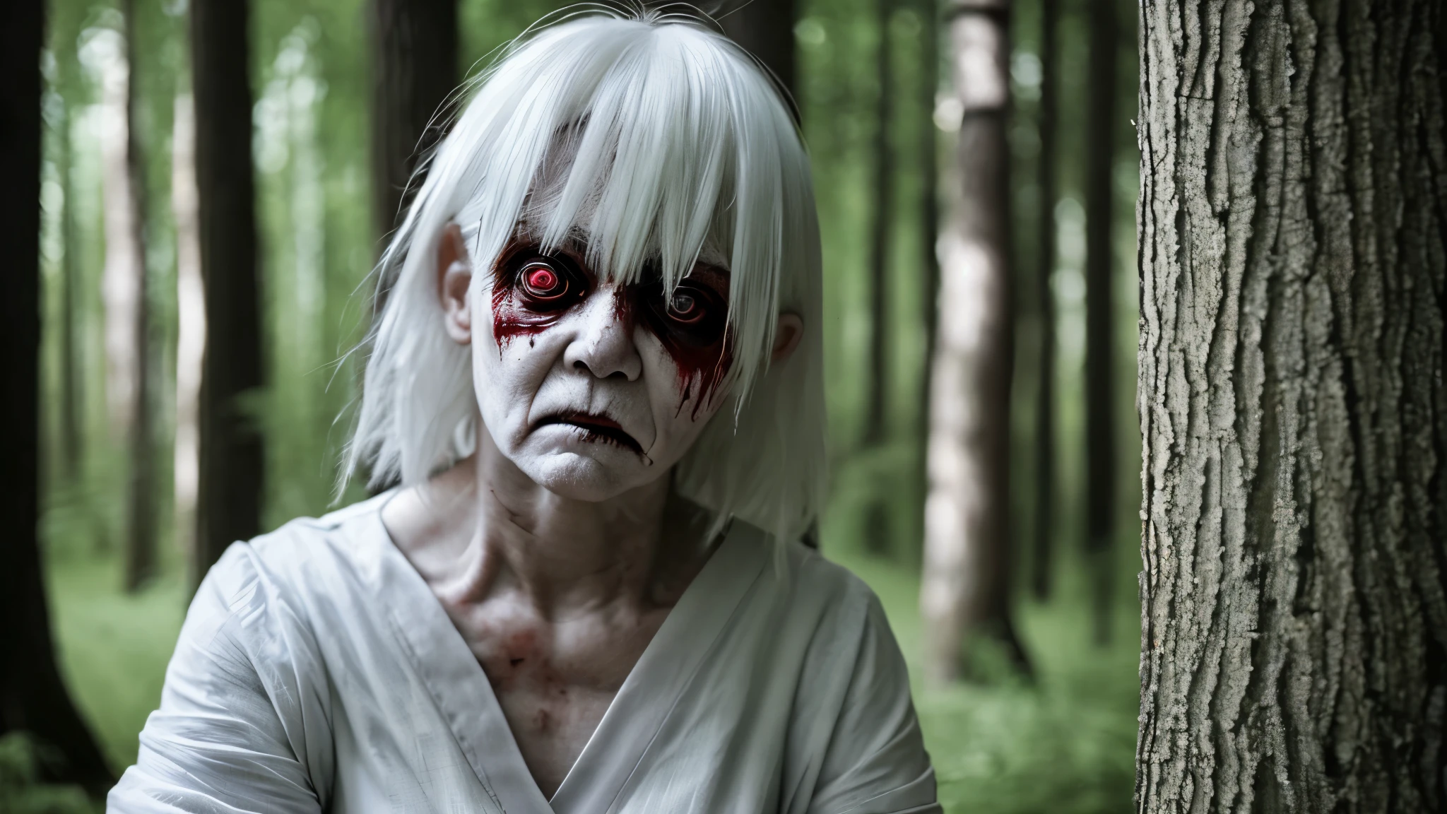 
Japan, forest, torii, old woman, white hair, bloodshot eyes, staring at you, horror, fear, scary