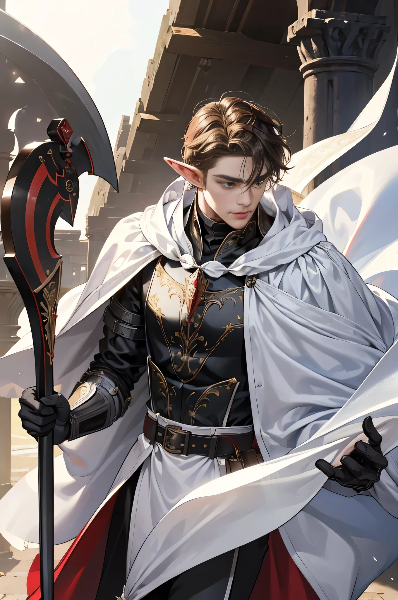(((((male))))), masterpiece, ultra detailed, 8K Portrait, Raw photo, man's portrait photography, Highly detailed face, beautiful and meticulous eyes, ((Fantasy)), 35 years old (((man))), ((elf)), 190 cm, tall, ((brunette)) center parted Shaved sides hair, brave face, Smile, adventurer, (((white silk long cloak))) Fluttering in the wind, (((black and red lorica segmentata))), iron boots, Holding a giant ax, Midday Sun, Hyper realistic, Strong body, Long legs, in a castle, Ambient lighting, Shadow details , Camera focus on face, strong breeze, Light fog
