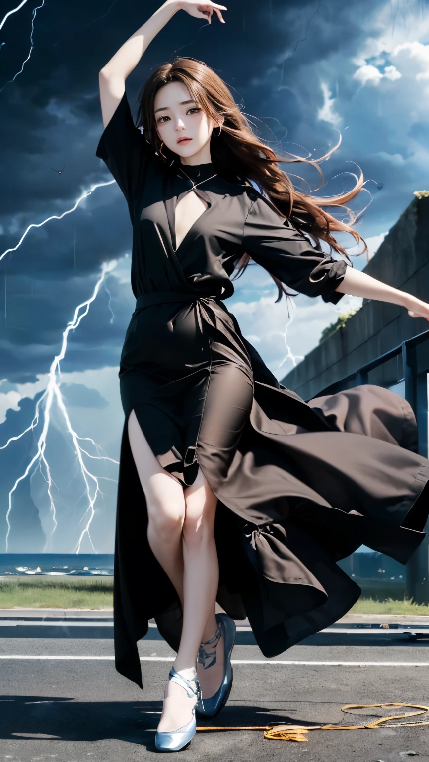 (((Masterpiece))),((top quality)),one beautiful girl,Pale, (A character that personifies Arashi.: 1.5), (((My long hair gets tousled in the storm:1.5)))、((Expressing strong wind:1.5)))、(belly button)、(The hem of my brown dress is blown up violently by the wind.:1.5),(plain clothes), (skin revealing),(The background is dark black clouds 1.5).(((from the front:1.5)))、(straight front: 1.5)、((dance:1.5)))、