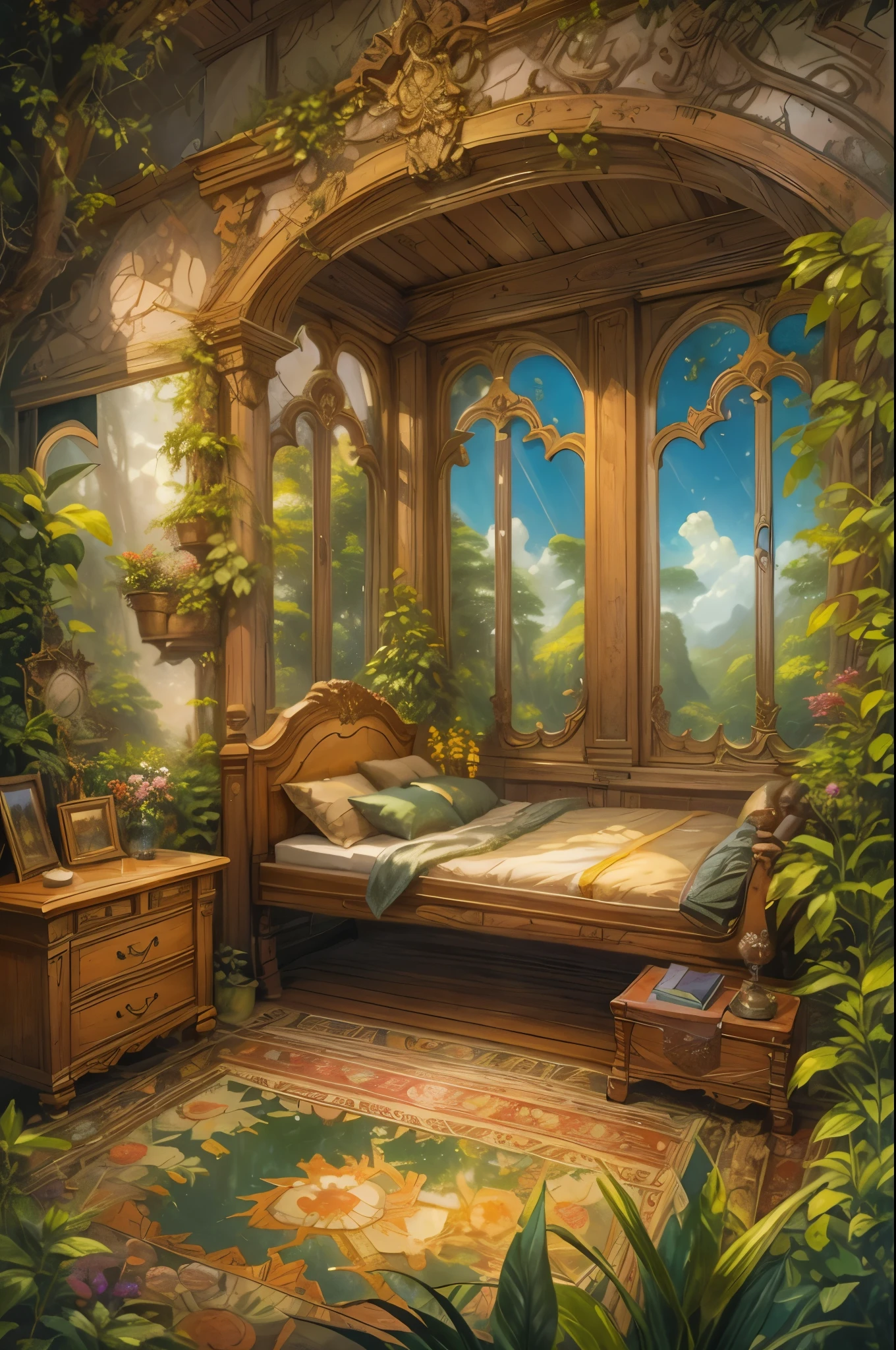 painting of a bedroom with a bed and a window with a view of the forest, thomas kinkade. forest room, thomas kinkade. cute cozy room, inspired by Evgeny Lushpin, dreamy and detailed, relaxing concept art, bedroom in studio ghibli, detailed dreamscape, painting of a dreamscape, dreamy atmosphere, by Evgeny Lushpin, dream scenery art