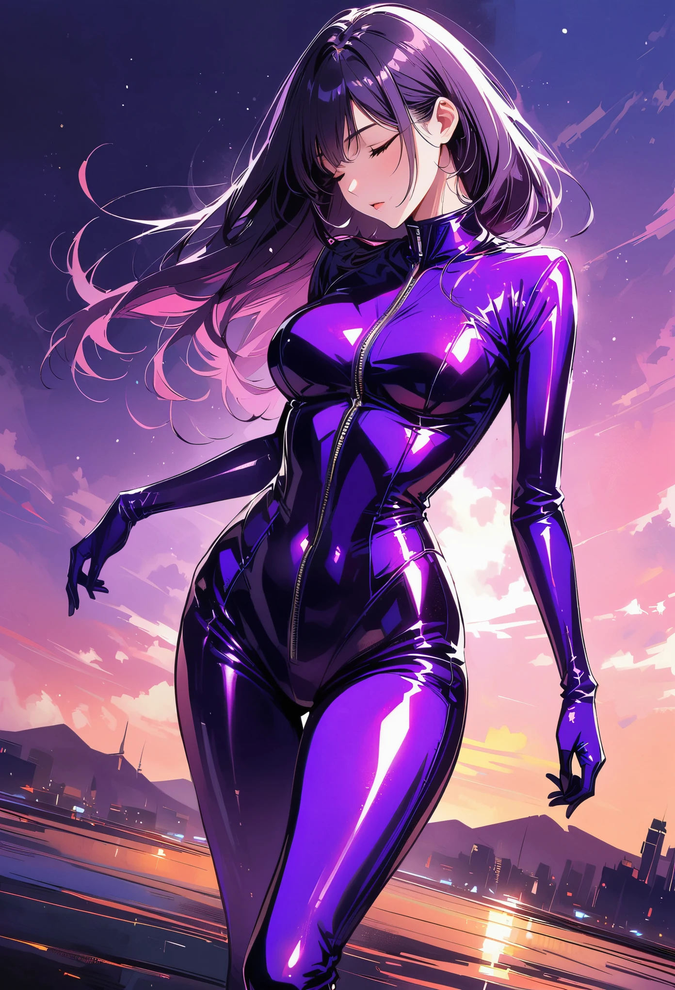 Allalyn in a shiny purple suit standing on the floor, latex shiny, Wearing Kudo Tsuko latex suit, wearing a tight suit, smooth的紫色皮肤, Purple body, shiny metallic skin, shiny plastic, Futuristic glossy latex suit, shiny plastic armor, shiny skin, body-hugging suit, wearing latex, shiny and metallic, glowing purple, smooth,Cloak, exoskeleton