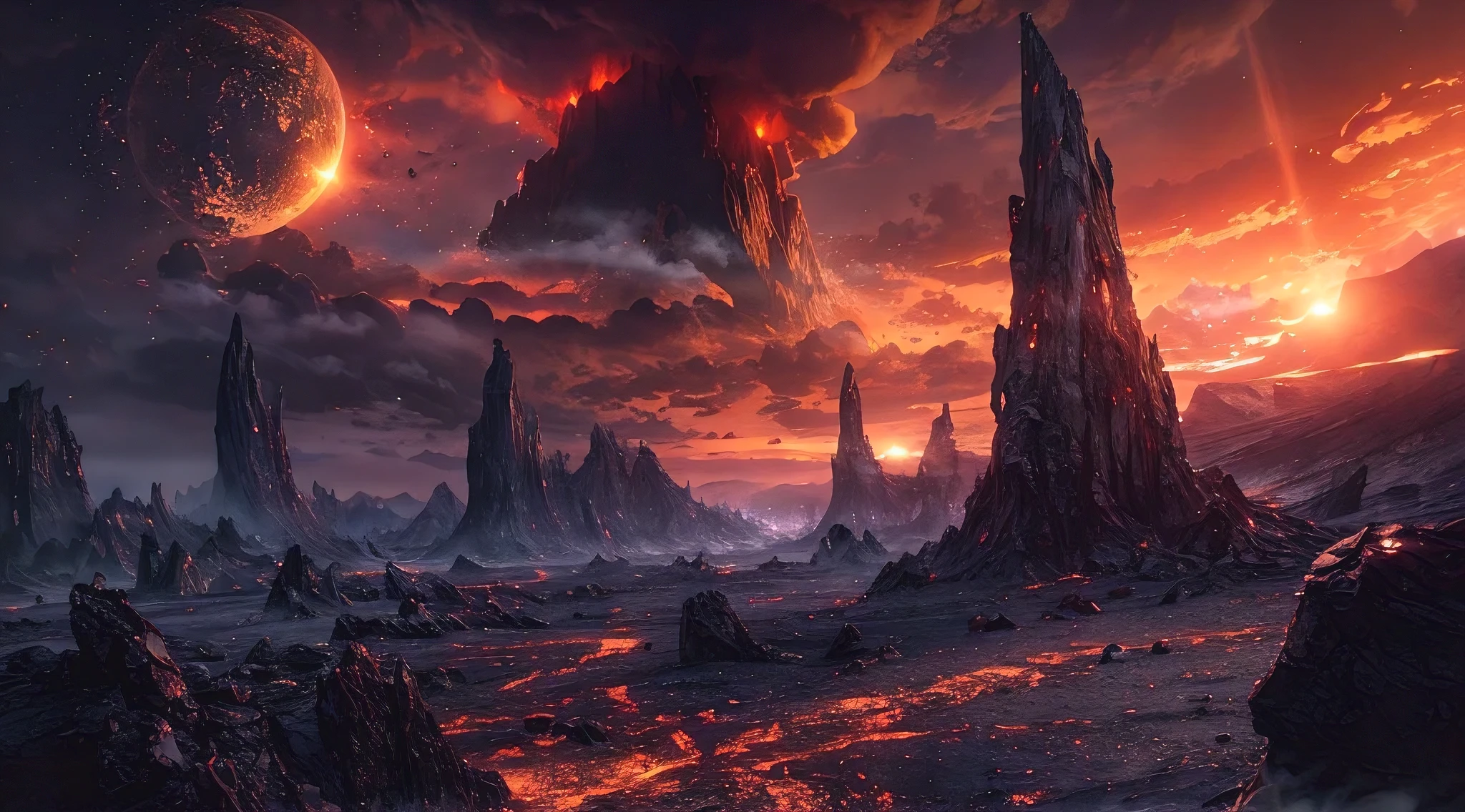 (best quality, masterpiece, photorealistic, 8k, uhd:1.2), an alien landscape on a chtonian planet, barren and dangerous, eerie atmosphere, otherworldly plants, jagged rock formations, toxic fumes, sinister sky, sulfuric geysers, glowing magma, pitch-black caverns, treacherous terrain, alien creatures lurking, foreboding shadows, desolation, surreal colors, seething lava, ethereal glow, harsh environment, mysterious structures, abandoned artifacts, unearthly beauty, otherworldly flora, no signs of life, chilling winds, haunting silence, alien sky, other dimension, dystopian landscape, subtle bioluminescence, jagged cliffs, inhospitable conditions, unsettling presence, unearthly architecture, warped reality, forbidden planet, volatile elements, primeval atmosphere, alien minerals, unsettling stillness