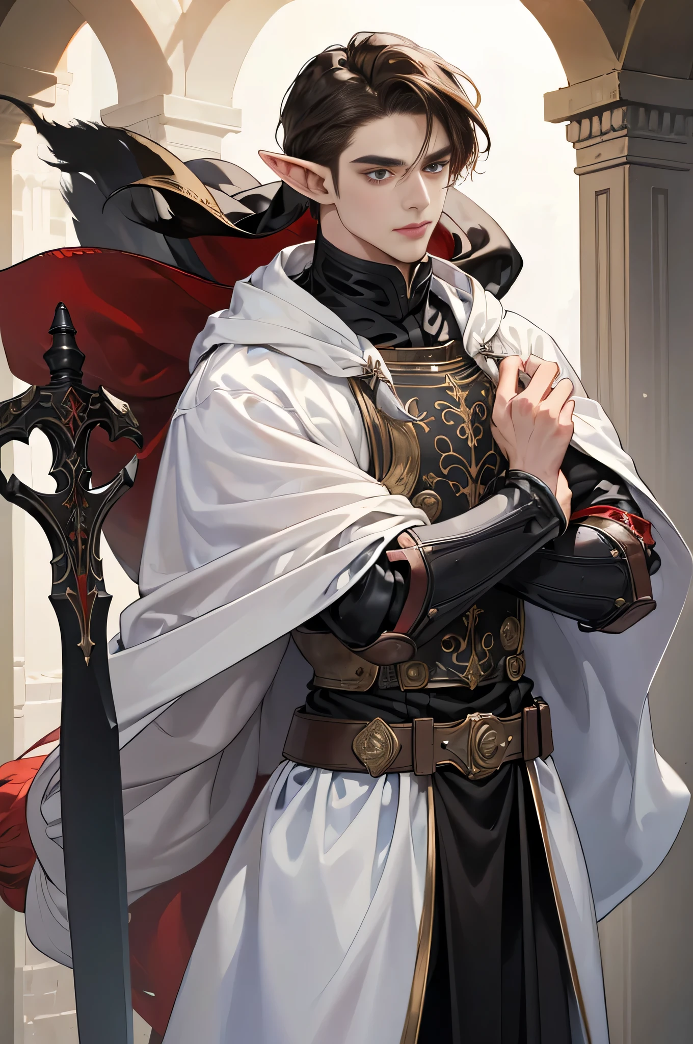 (((((male))))), masterpiece, ultra detailed, 8K Portrait, Raw photo, man's portrait photography, Highly detailed face, beautiful and meticulous eyes, ((Fantasy)), 35 years old (((man))), ((elf)), 190 cm, tall, ((brunette)) center parted Shaved sides hair, brave face, Smile, adventurer, (((white silk long cloak))) Fluttering in the wind, (((black and red lorica segmentata))), iron boots, Holding a giant ax, Midday Sun, Hyper realistic, Strong body, Long legs, in a castle, Ambient lighting, Shadow details , Camera focus on face, strong breeze, Light fog
