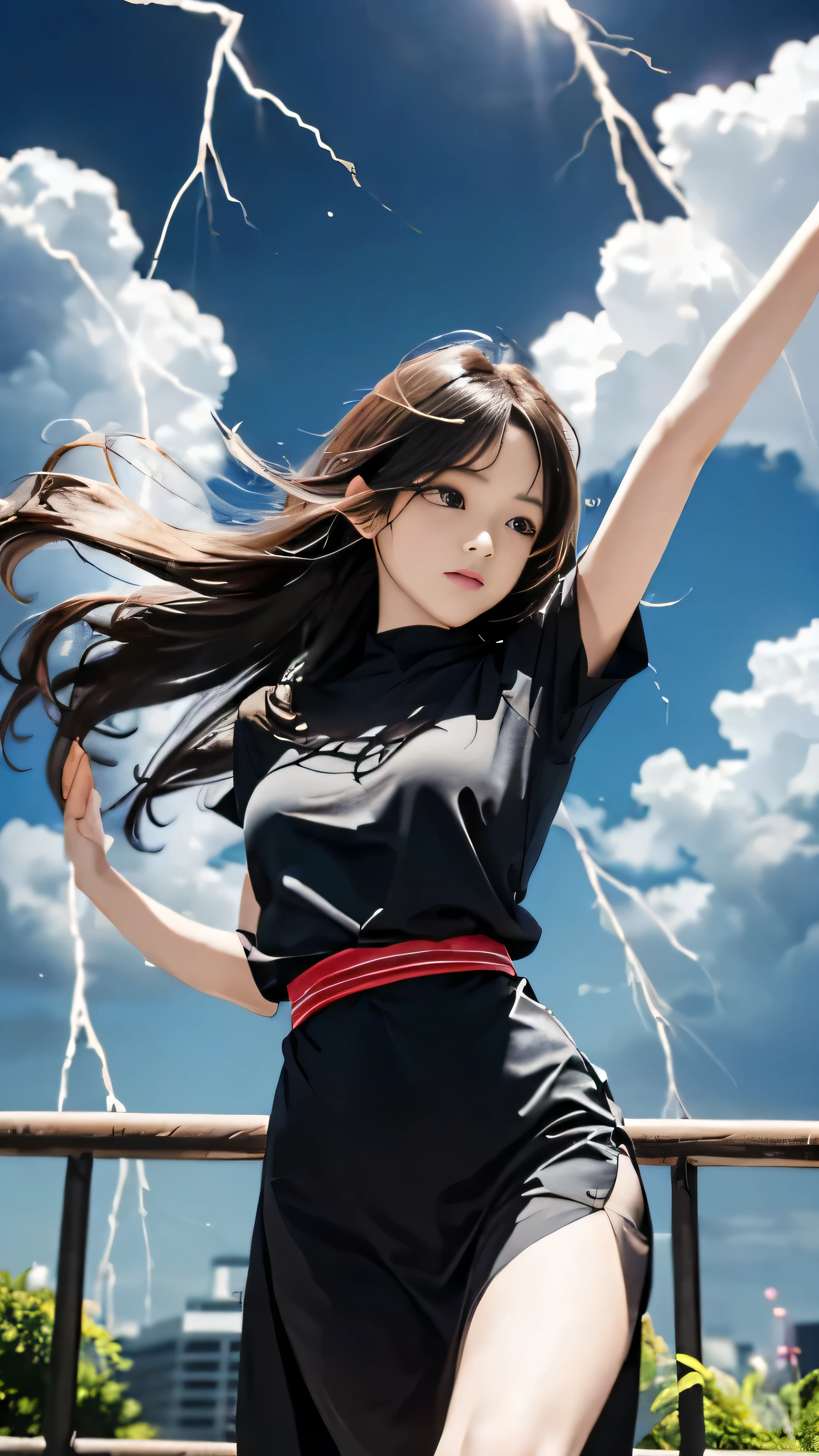 (((Masterpiece))),((top quality)),one beautiful girl,Pale, (A character that personifies Arashi.: 1.5), (((My long hair gets tousled in the storm:1.5)))、((Expressing strong wind:1.5)))、(belly button)、(The hem of my brown dress is blown up violently by the wind.:1.5),(plain clothes), (skin revealing),(The background is dark black clouds 1.5).(((from the front:1.5)))、(straight front: 1.5)、((dance:1.5)))、