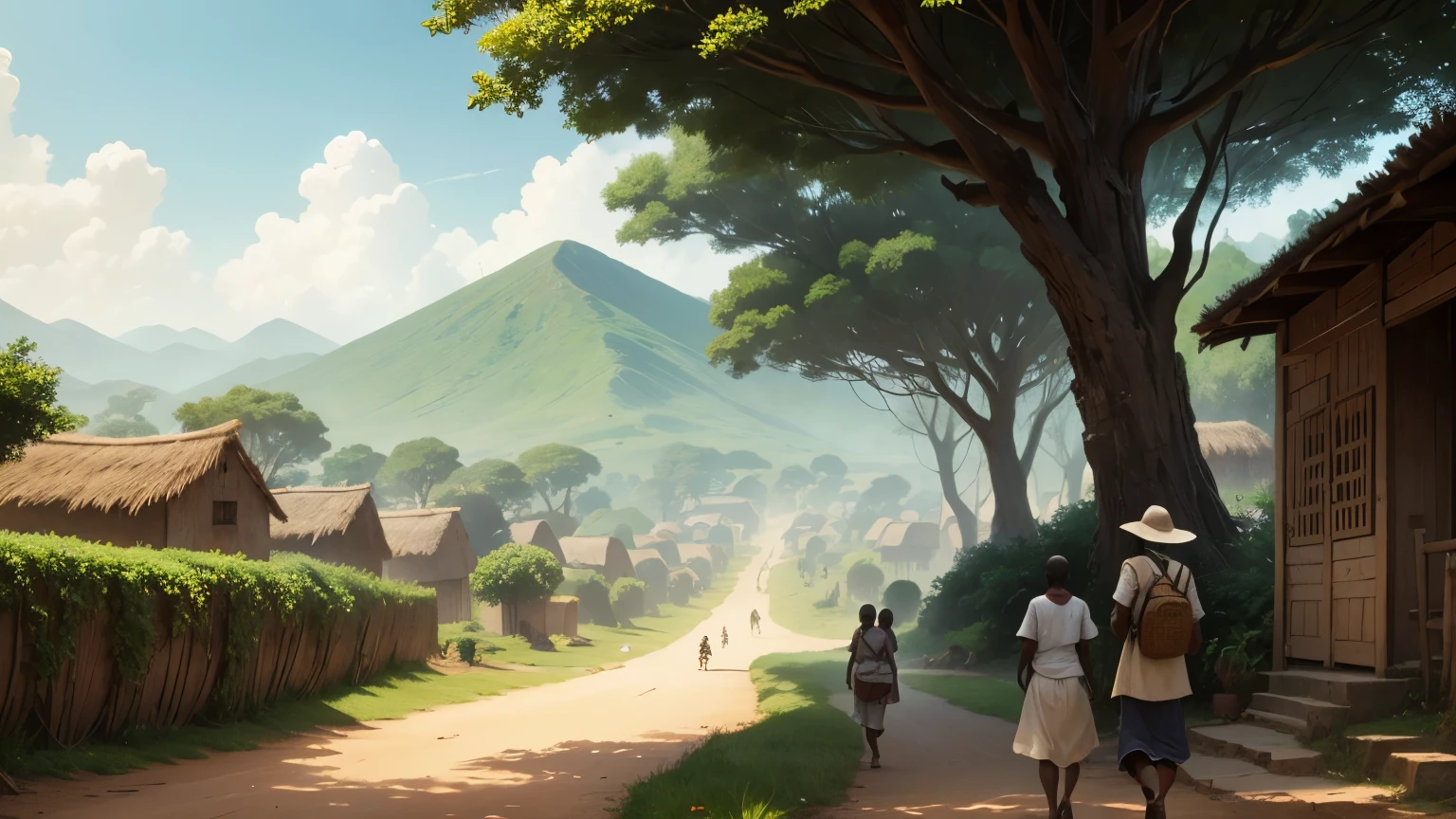 an african village with people and Jumoke and the mysterious stranger walk along a winding path