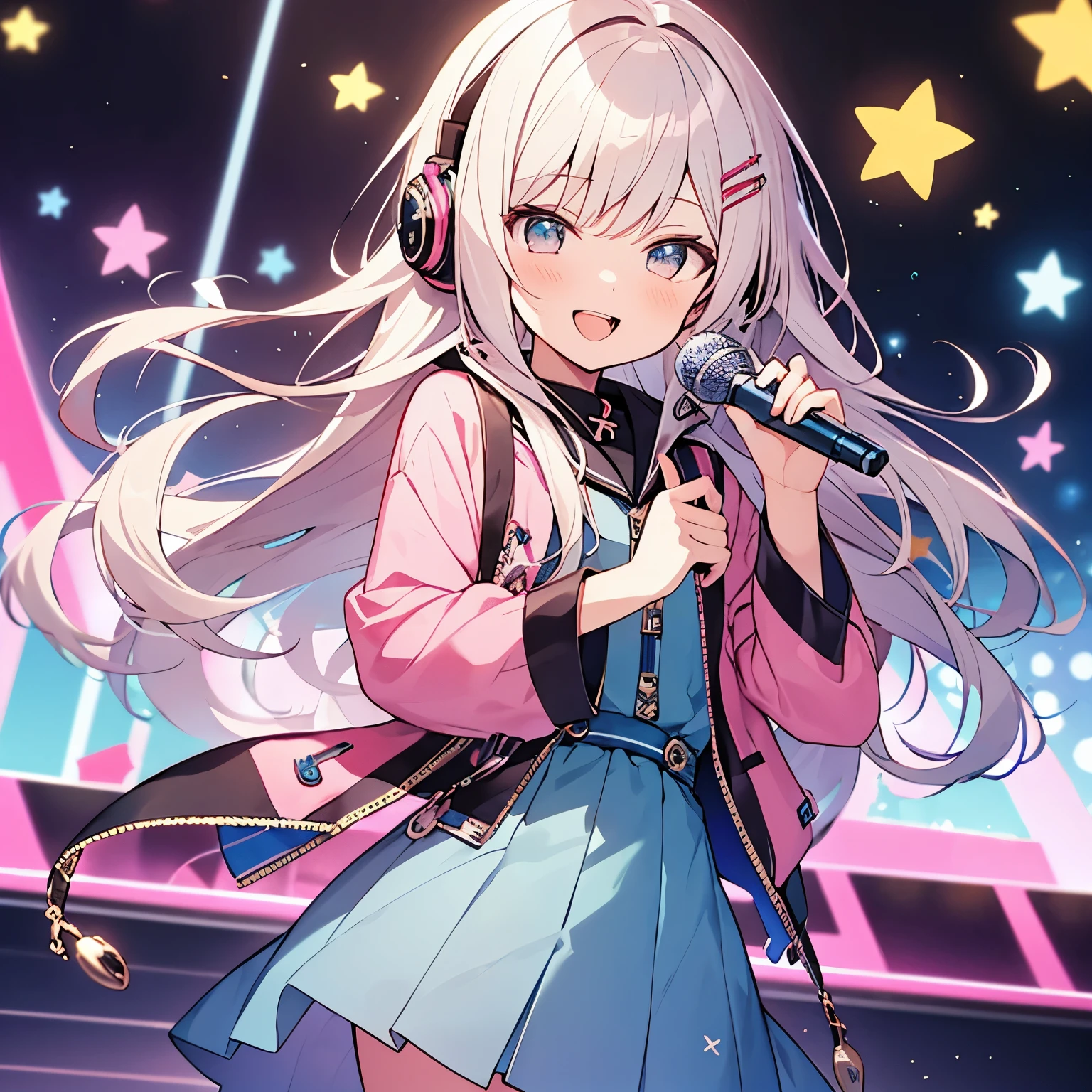 Cute anime girl with pastel pink long hair and sparkling eyes, wearing a music note patterned outfit and headphones, holding a microphone in one hand and a penlight in the other, background has music notes and musical instruments, happy energetic expression singing into the microphone, 4k detailed illustration, anime art style. BREAK, anatomically correct, nice hands, perfect hands, perfect fingers, 4 fingers, 1 thumb,