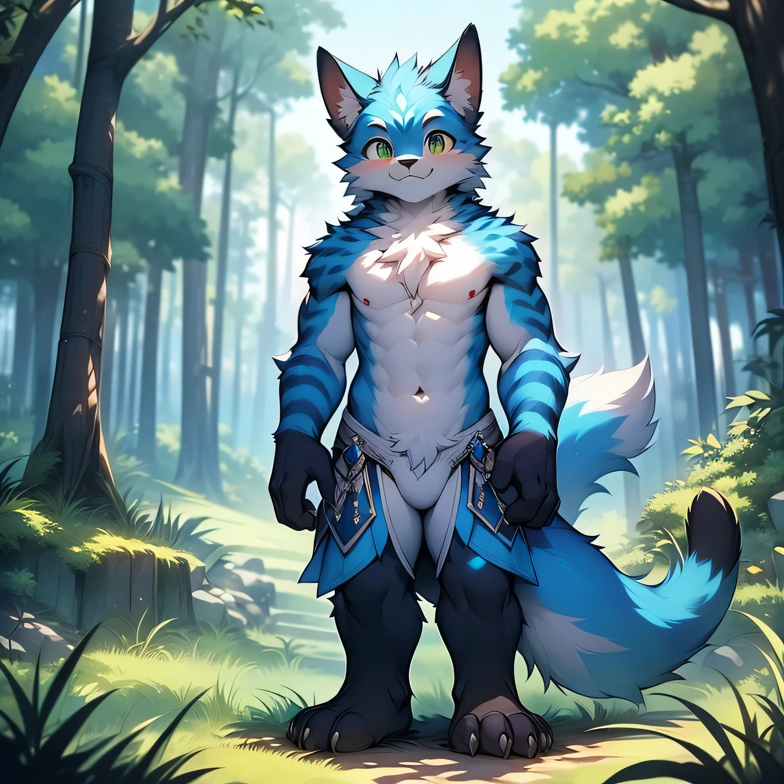 anthropomorphic cat,fluffy fur,Blue patterned fur embellished,Handsome,Males,Alone,masterpiece,super high quality,in the forest,Smiling with bared teeth,Energetic,rich in detail,standing,perfect,Whole body naked