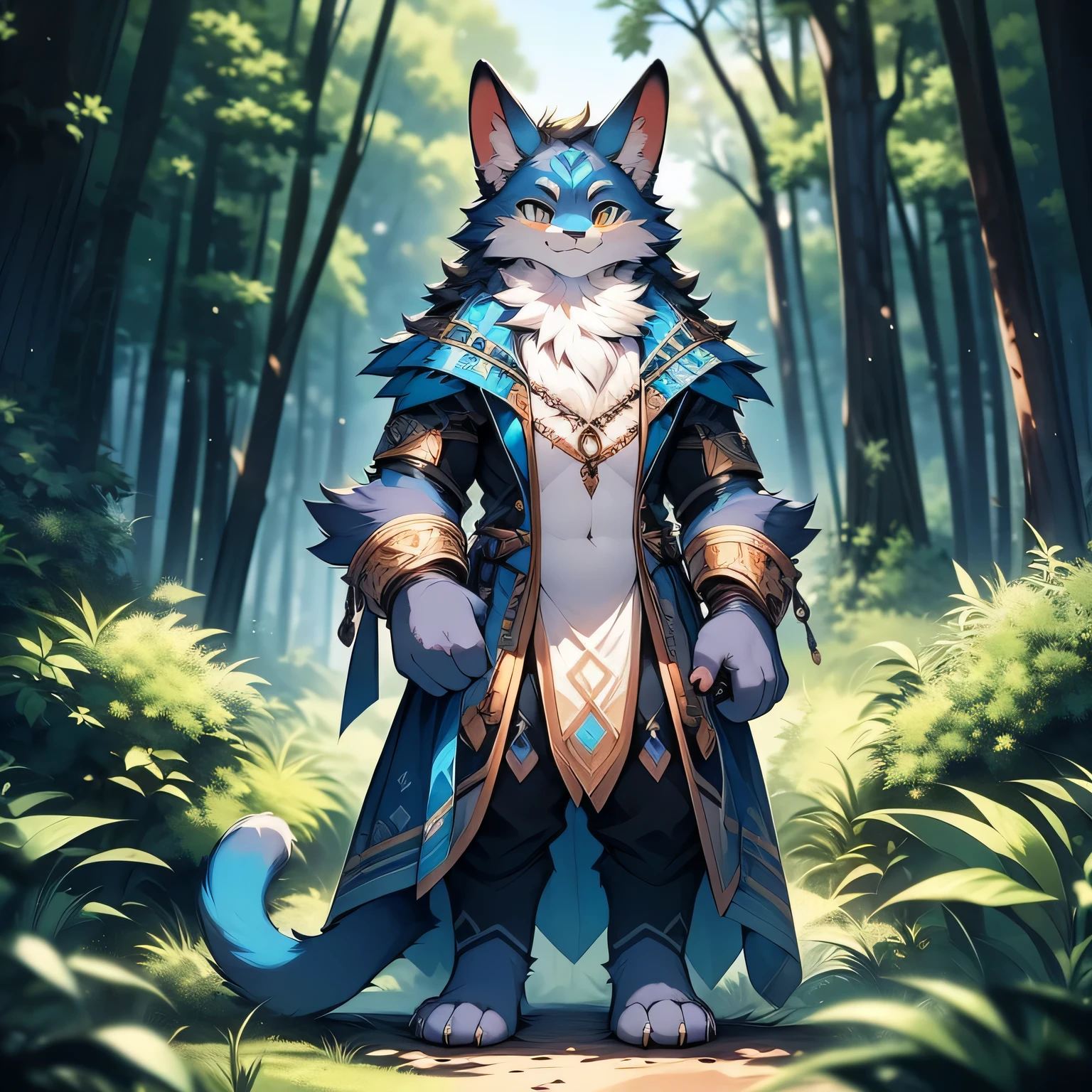 anthropomorphic cat,fluffy fur,Blue patterned fur embellished,Handsome,Males,Alone,masterpiece,super high quality,in the forest,Smiling with bared teeth,Energetic,rich in detail,standing,perfect,Whole body naked