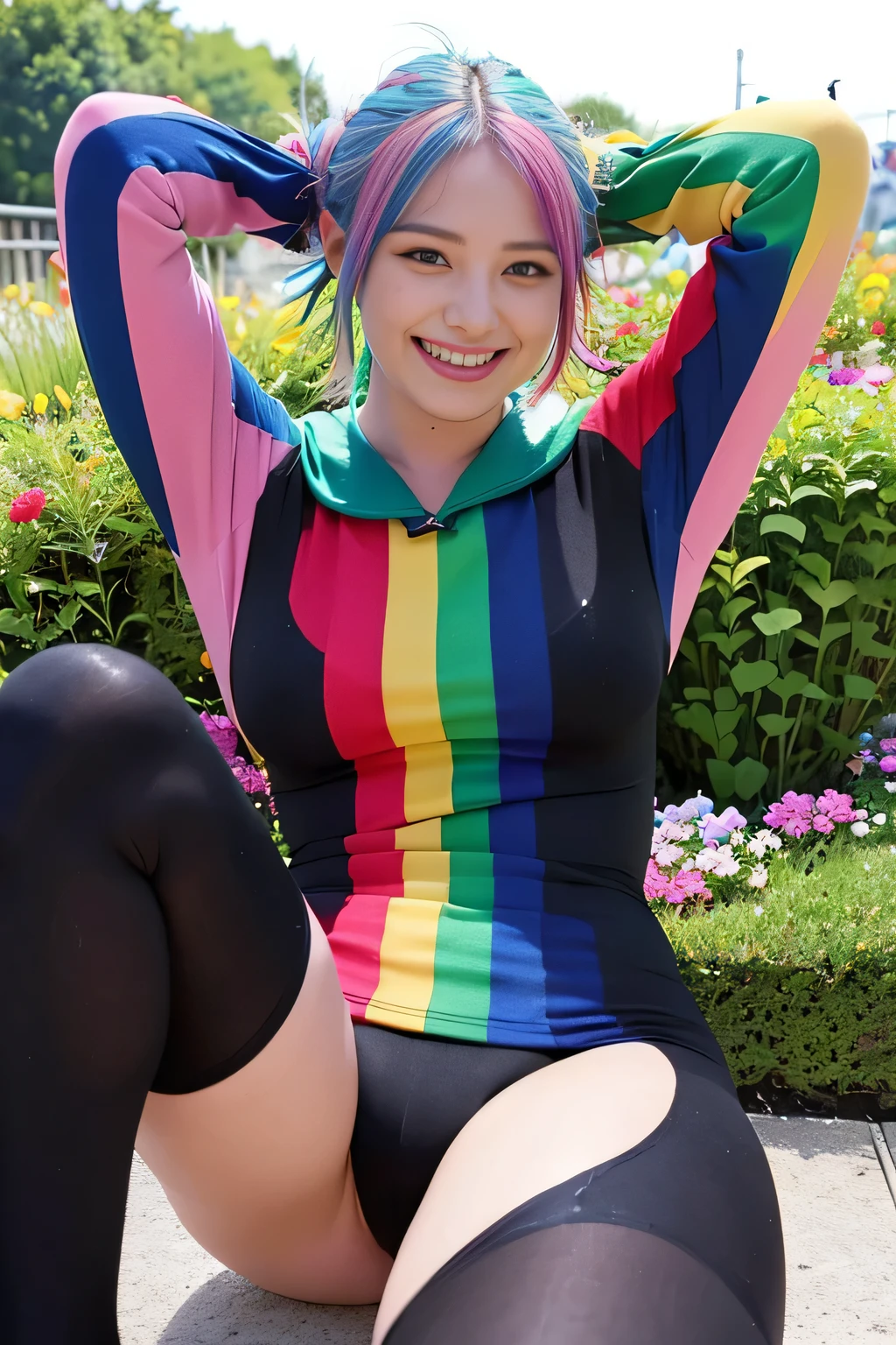 (realistic, highest quality: 1.4),(woman,smile(rainbow-colored hair1.5)),((Show your armpits)open your legs)(rubber suit,black tone),(garden)
