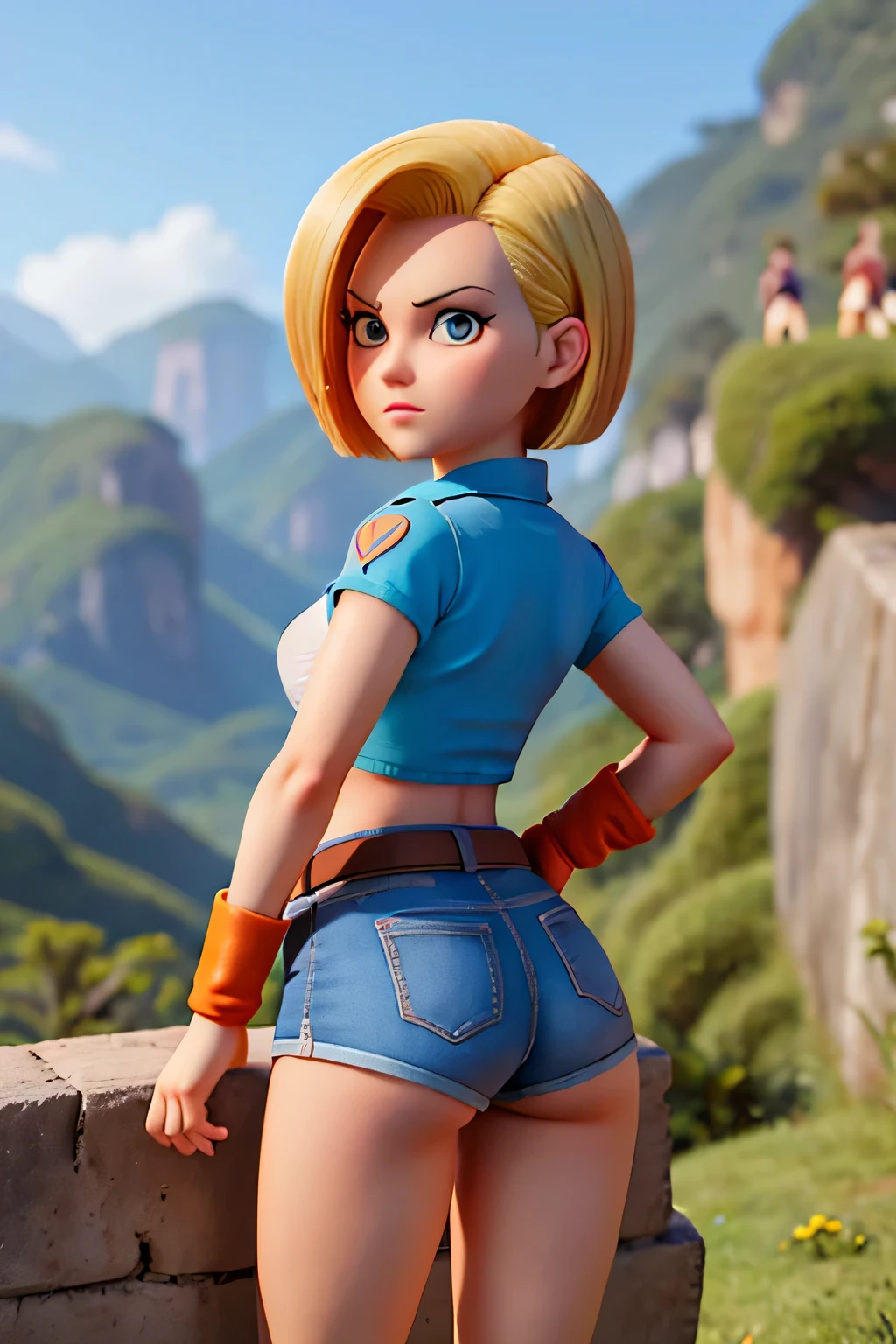 Android 18, mostrando bumbum, altamente 4k, shortinho curto , ponto de vista na cama em cima da bunda de costas