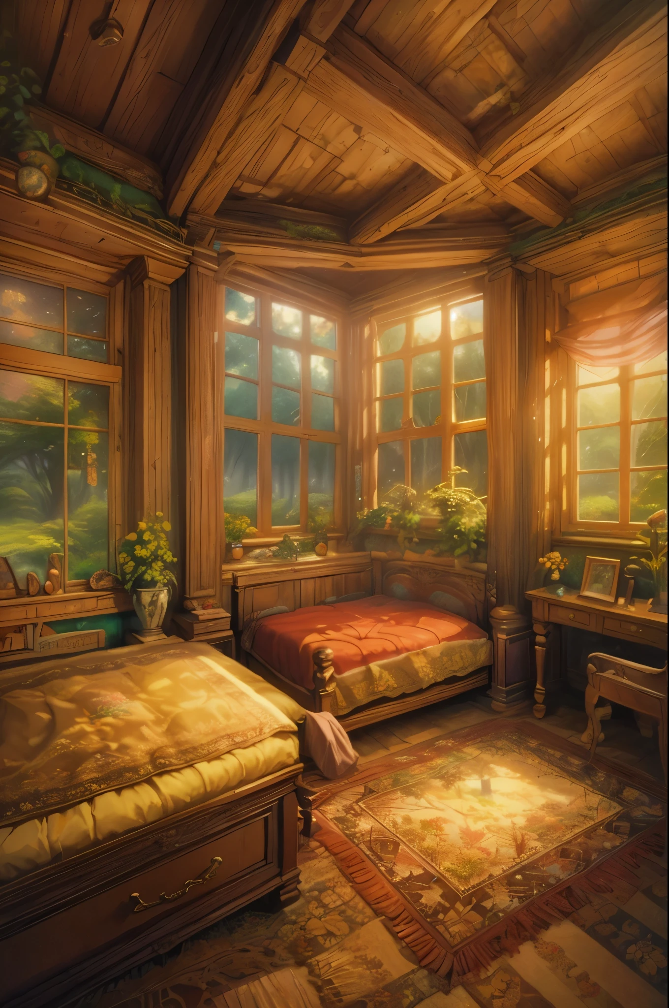 painting of a bedroom with a bed and a window with a view of the forest, thomas kinkade. forest room, thomas kinkade. cute cozy room, inspired by Evgeny Lushpin, dreamy and detailed, relaxing concept art, bedroom in studio ghibli, detailed dreamscape, painting of a dreamscape, dreamy atmosphere, by Evgeny Lushpin, dream scenery art