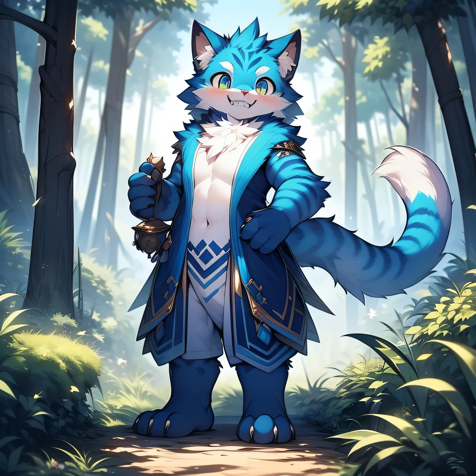 anthropomorphic cat，fluffy fur，Blue patterned fur embellished，Handsome，Males，Alone，masterpiece，super high quality，in the forest，Smiling with bared teeth，Energetic，rich in detail，standing，perfect，Whole body naked