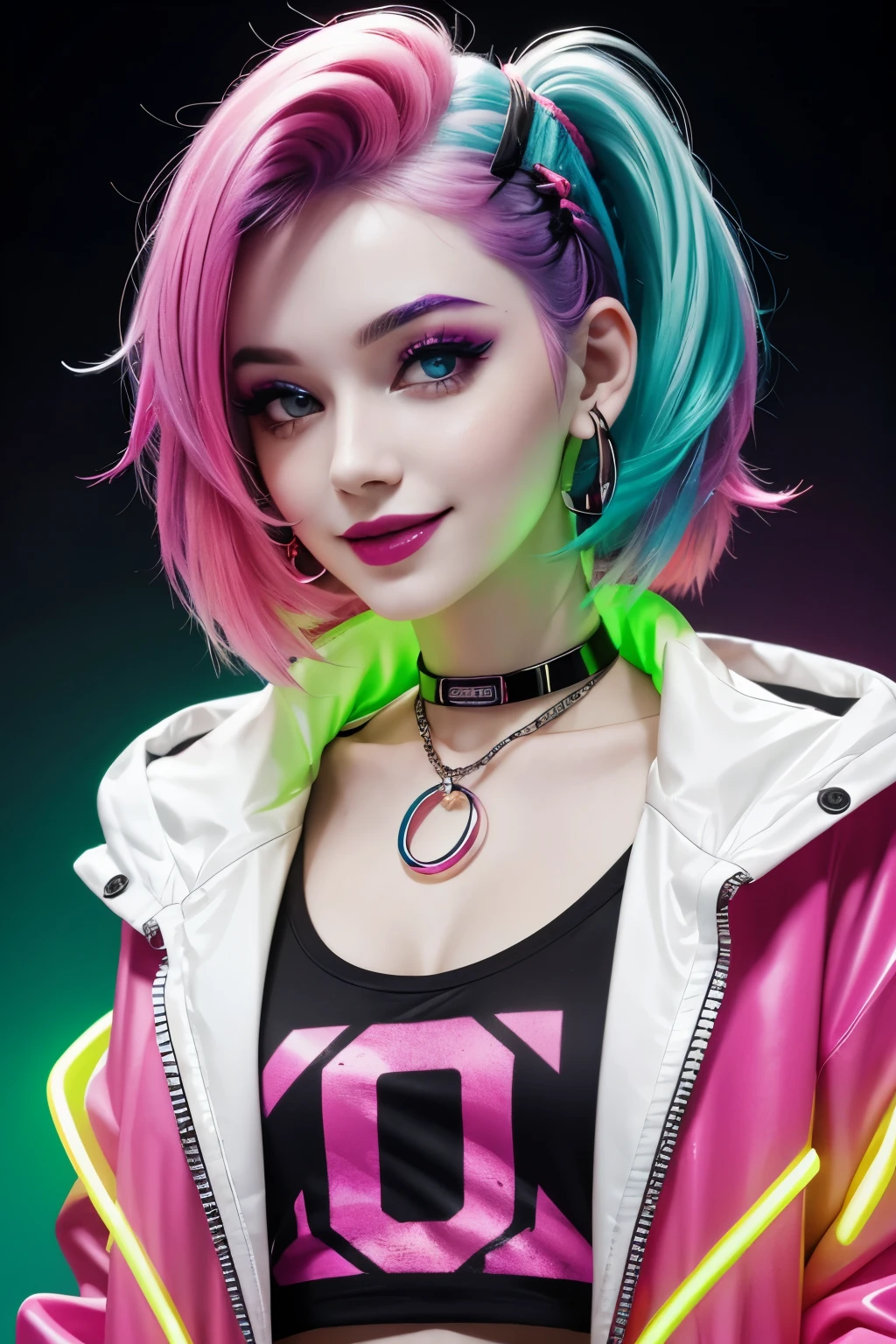 smiling, cute, pale skin, lipstick, girl with neon hair, closeup, multi color, neon rings around neck, neon jacket, neon background, neon lighting