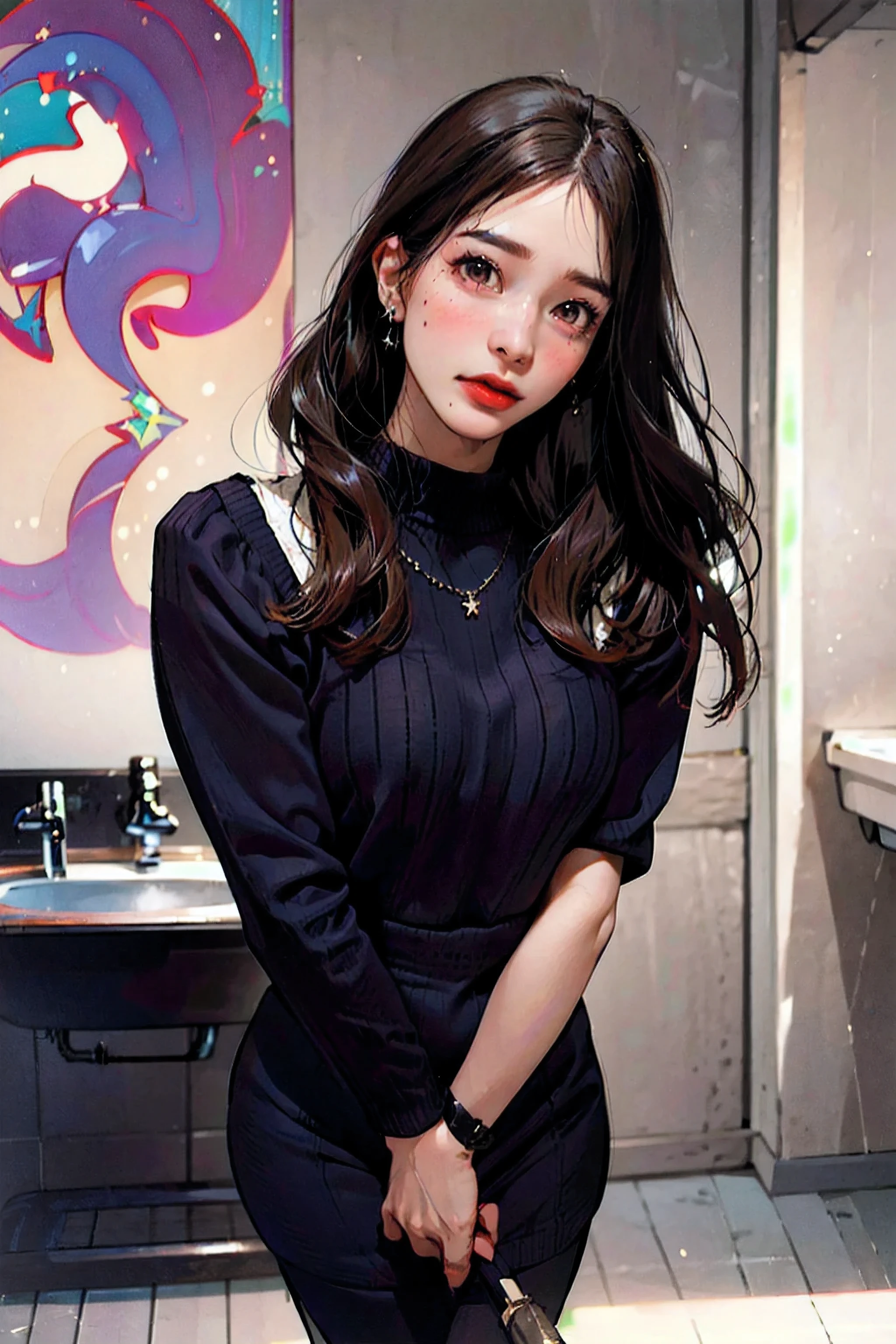 (incredibly absurdres, ultra-detailed, CG ,unity,8k wallpaper),(masterpiece),(realistic),(photorealistic:1.2),(raw photo:1.2), (best quality:1.2), (detailed face:1.4),(beautiful detailed eyes:1.2),(detailed hair), light on face, huge filesize,cinematic lighting, 1girl,sex,eyeliner,kawaii, student, long hair, brown hair, ((wavy hair)), hair ornament, ((light blush)), ((mole under eye)), (bushy eyebrows),straight eyebrows, low eyebrows, brown eyes, ((small breasts)),(thick lips:1.3),(glossy lips),(lipstick),fashi-g, red lips, makeup,shirt lift, ((black sweater top, leggings)),(erection under clothes:1.3), bulge, penis bulge, (big thick penis:1.3), ((ab lines)), black kneehighs, jewellery, earrings, necklace, ((((standing)))), ((in the bathroom, looking at viewer, seductive, from front)), Depth of field, fantasy, high contrast, ink strokes, explosions, over exposure, purple and red tone impression, abstract