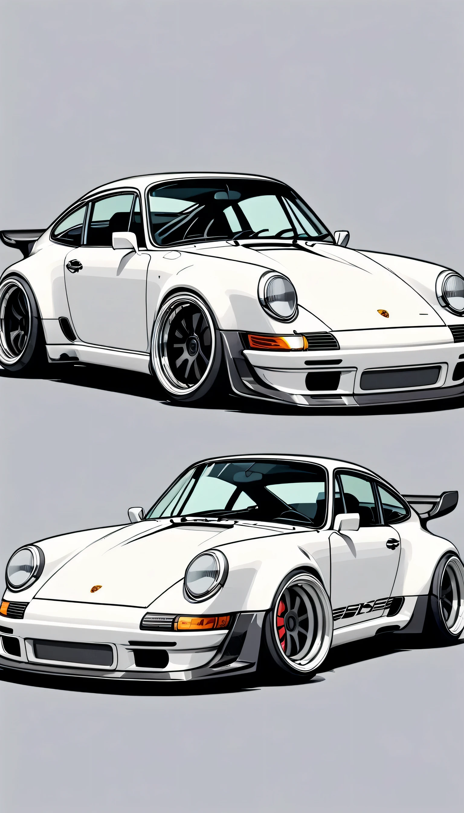 Light grey Porsche 911 rwb, pop art, cartoonish style , sketch, detailed illustration, large wheels, wide bodykit